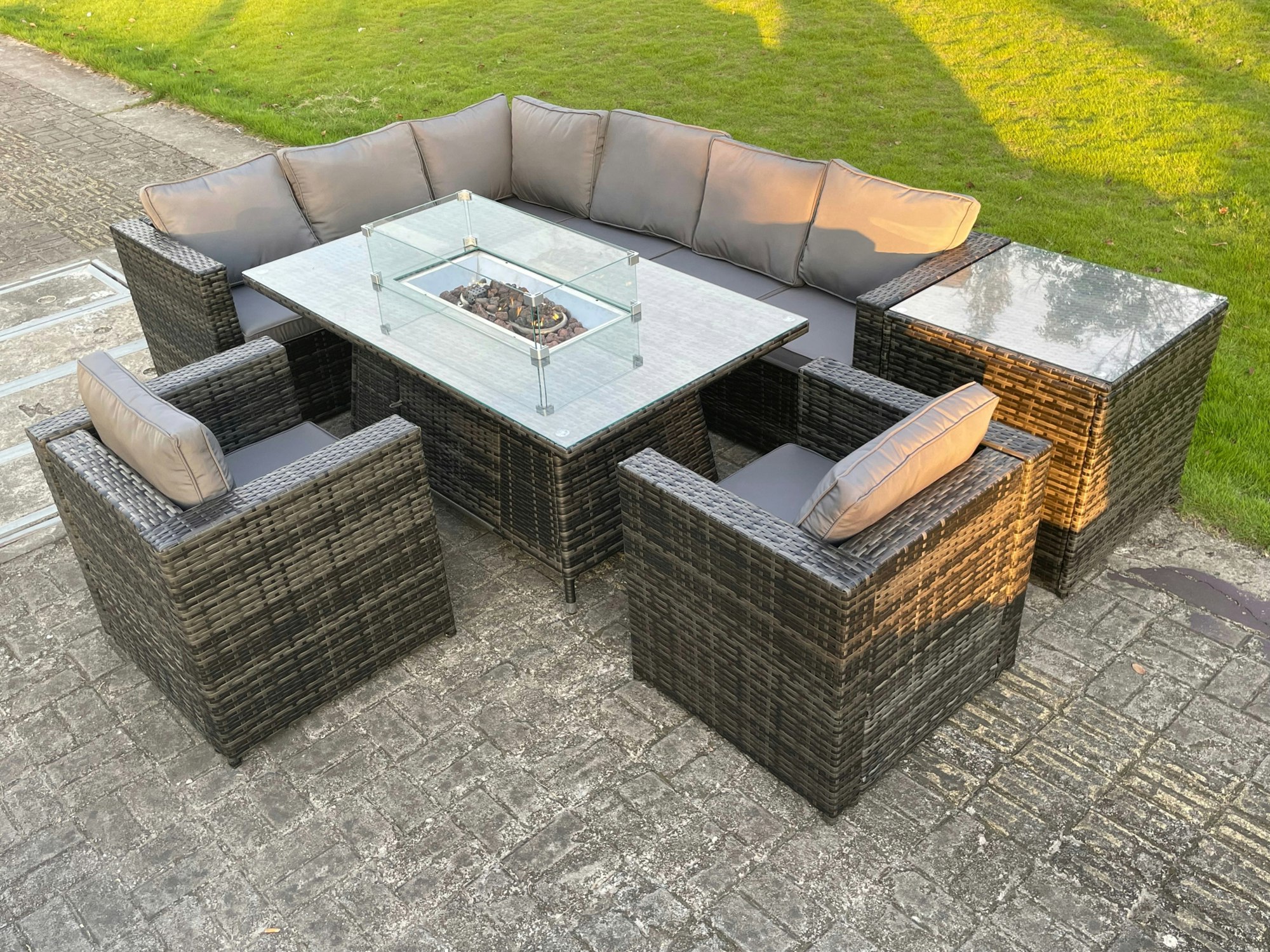 Fimous Dark/Grey Rattan Outdoor Garden Furniture Set With Gas Fire Pit Dining Table, Corner Sofa, 2 Lounge Chairs, Side Coffee Table - 8 Seater