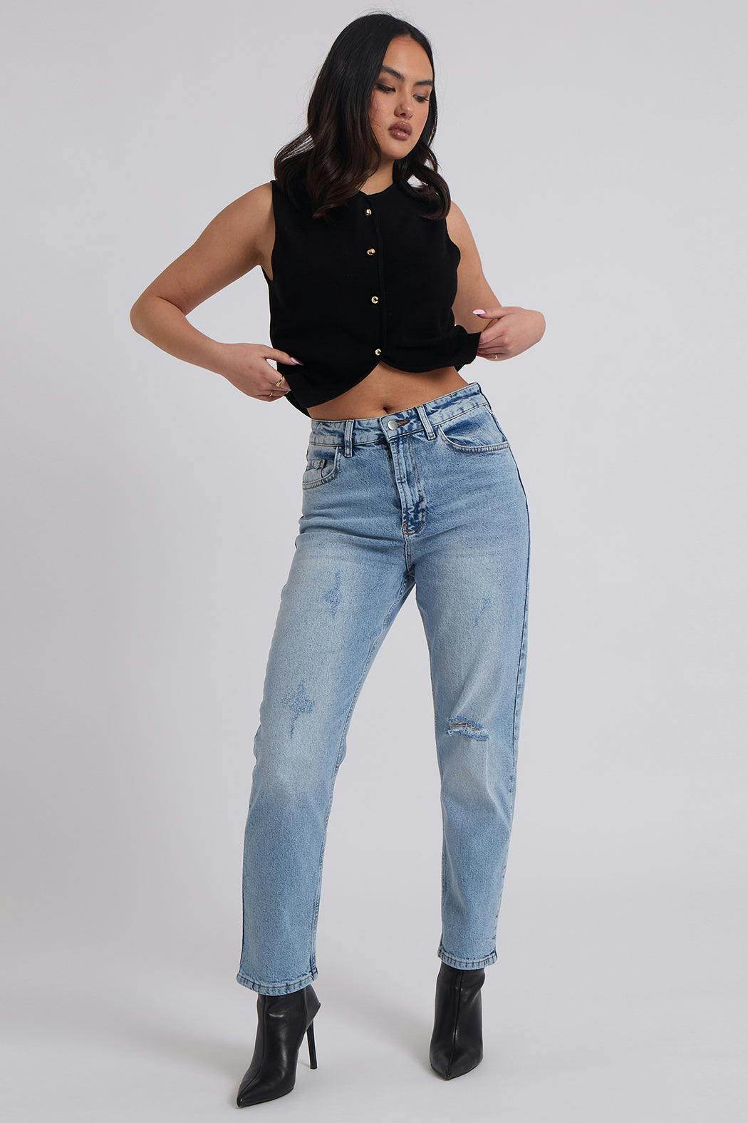 Urban Bliss Mid Wash Ripped Mom Jean - 10