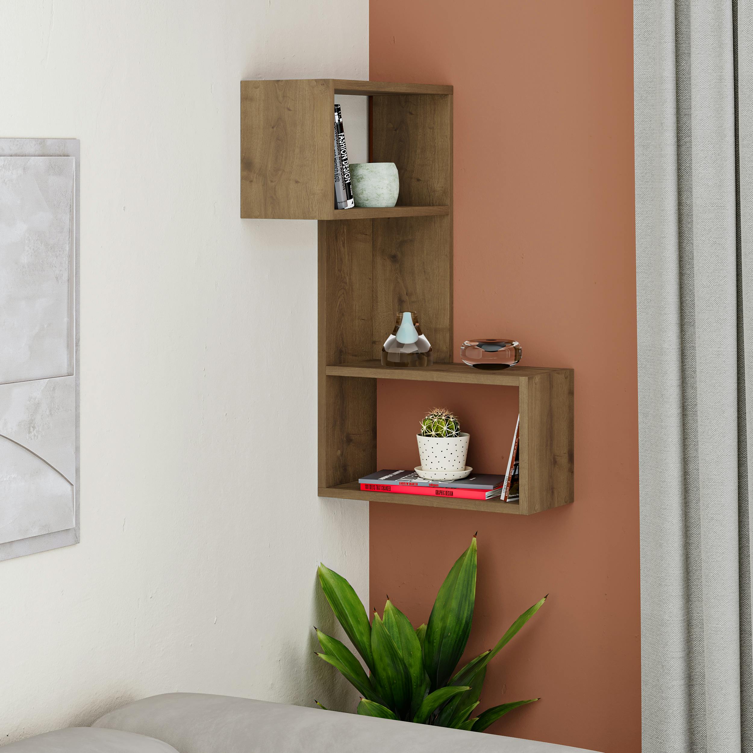 Rackhams Dark Part 3-Tier Wall Mounted Corner Shelf Modern Organizer 82Cm - Oak