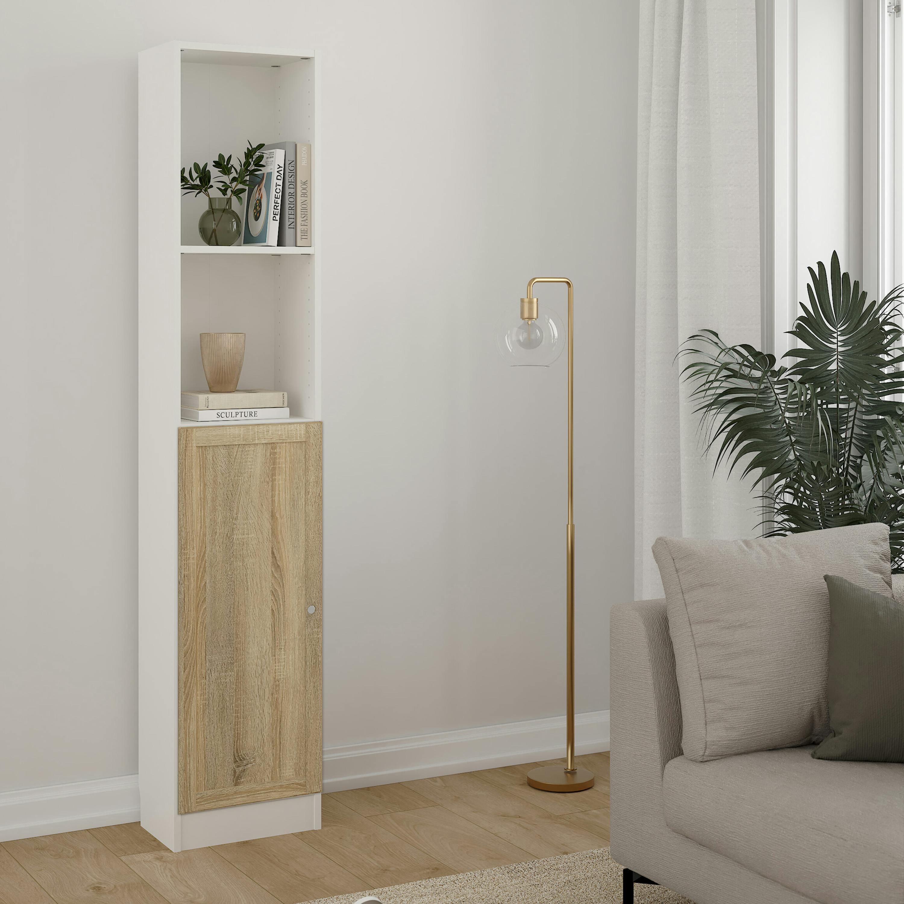 Rackhams White Basic Tall Narrow Combination Storage Bookcase In (4 Shelves) With Glass Oak Door - Manufactured Wood - 1 - & Oak