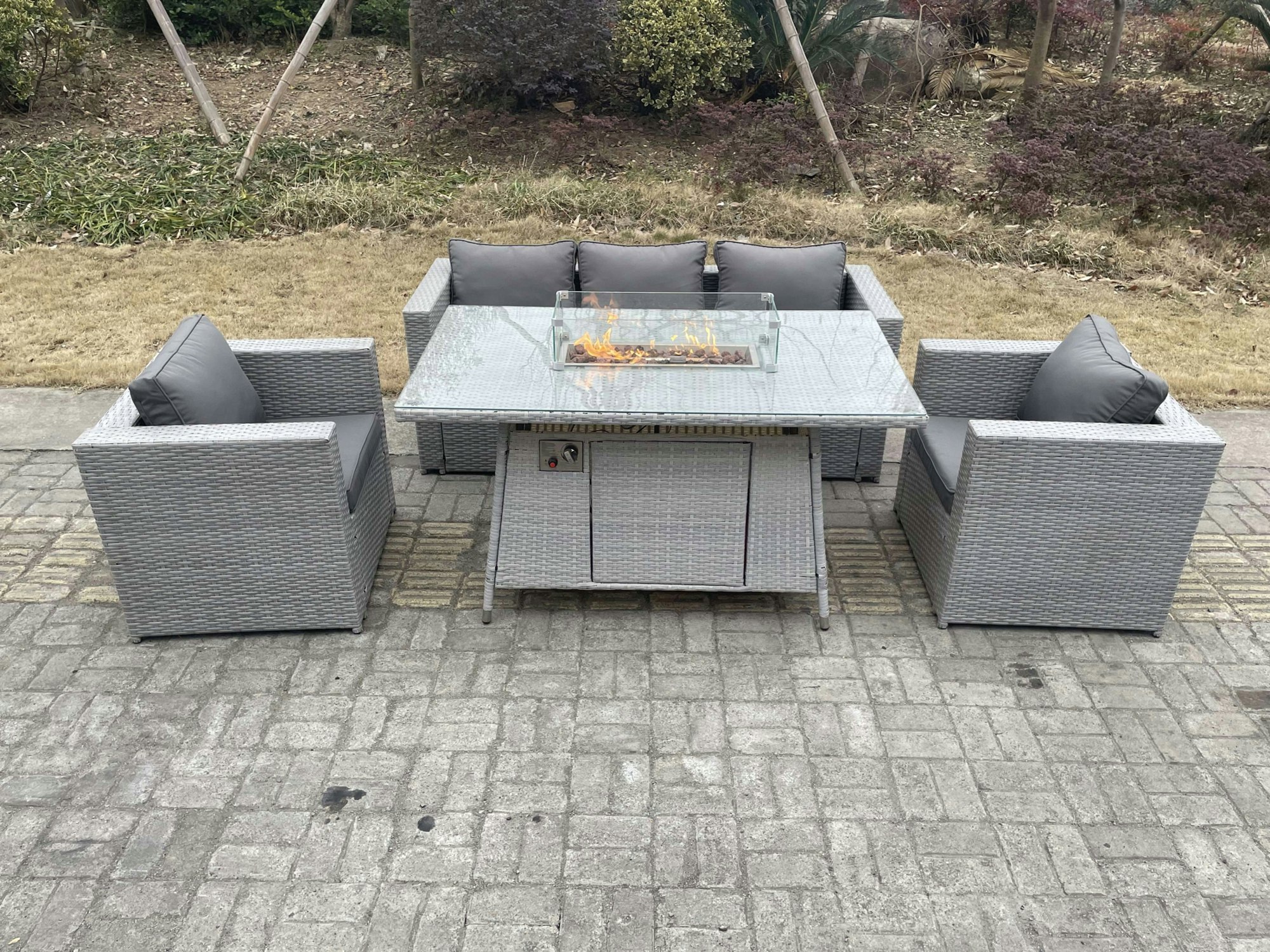 Rackhams Light/Grey Rattan Gas Fire Pit Garden Furniture Dining Table Set Heater Burner Chairs Lounge Sofa Set Arm Chairs