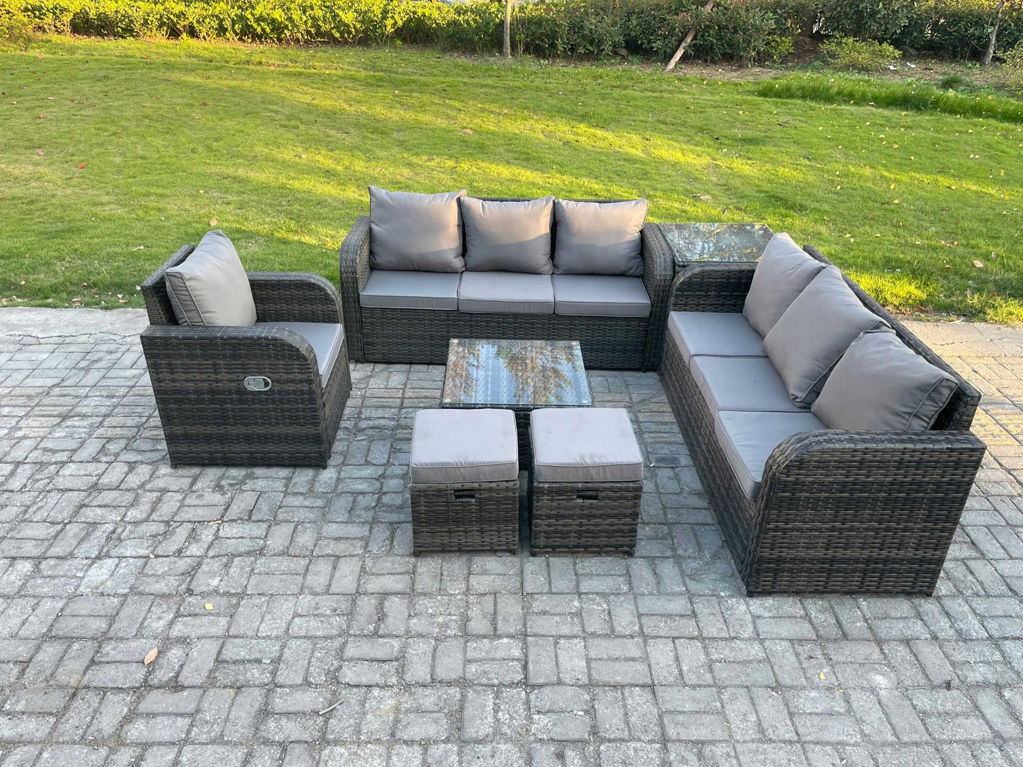 Fimous Dark/Grey Outdoor Rattan Garden Furniture Set Conservatory Patio Sofa Coffee Table With Reclining Chair Side Table 2 Small Footstools Mixed