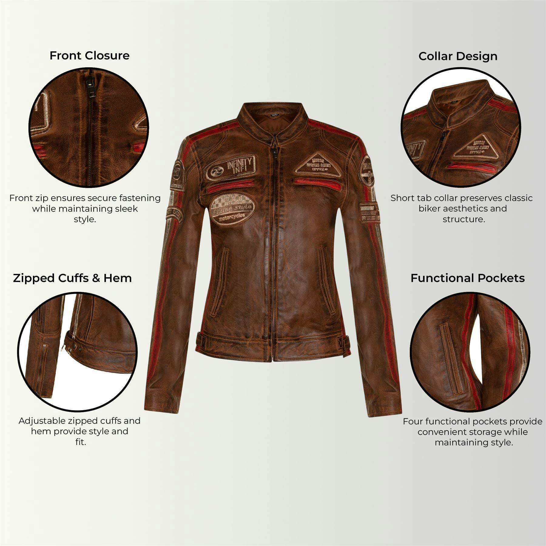 Infinity Leather Women's Leather Biker Racing Badges Jacket-Agadir - Tan - Uk Xl/16 | Eu 42 | Us 12