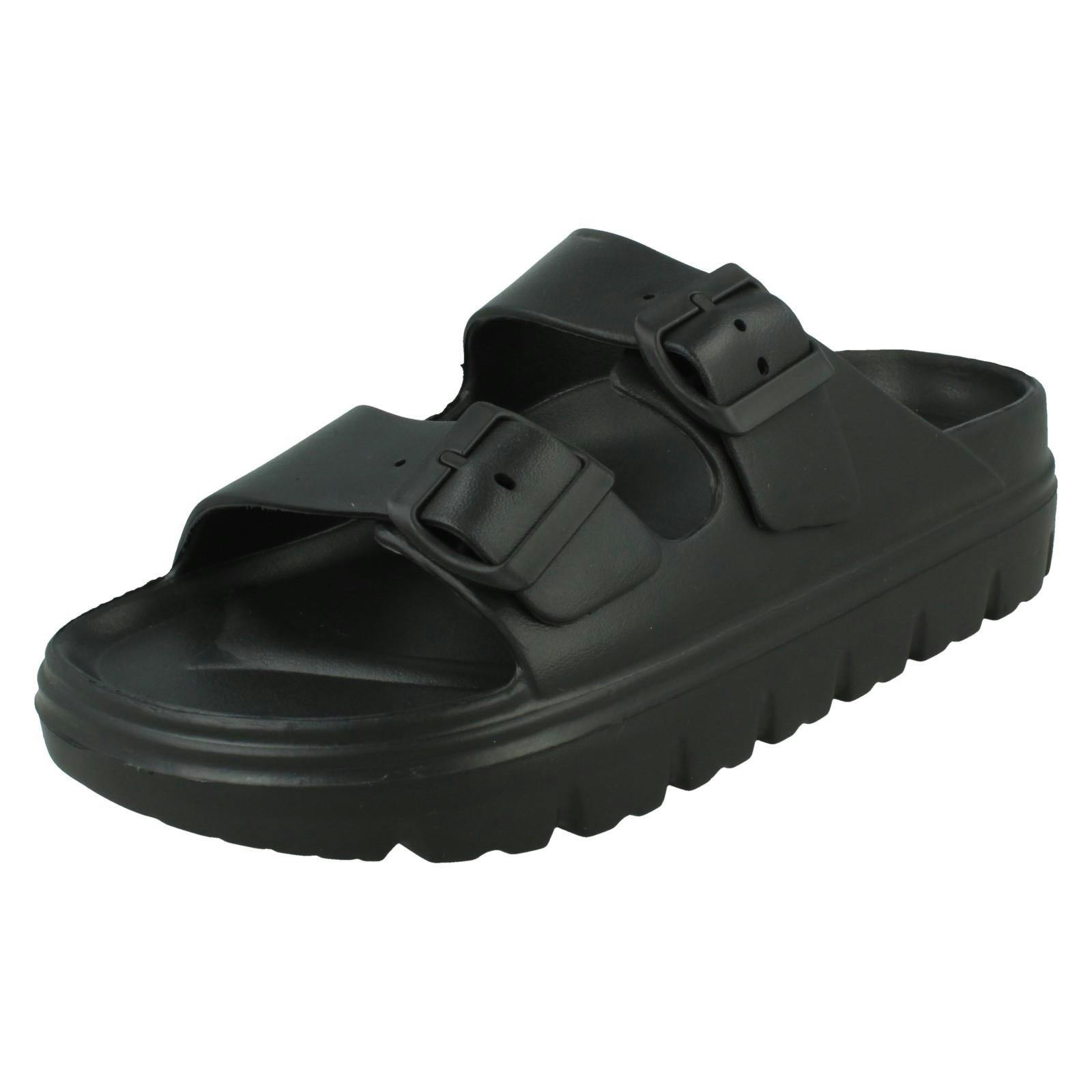 Spot On Women's Black Casual Buckle Detail Sliders Sandals F12101 - Uk 7