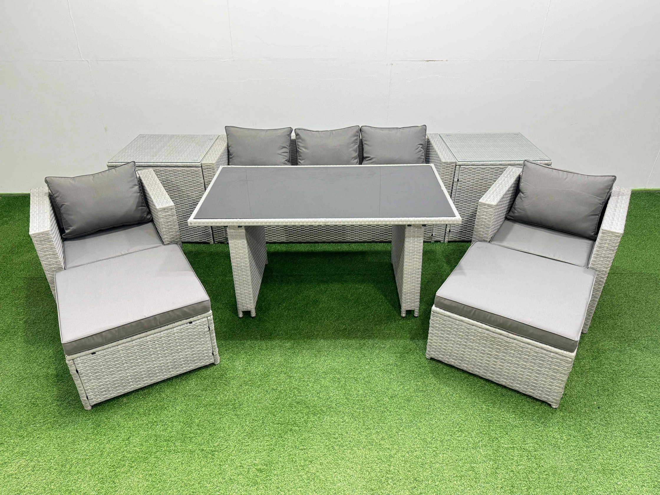 Fimous Black/Light/Grey Patio Garden Furniture Sets With Glass Top Dining Table Armchair 3 Seater Sofa 2 Side Tables 2 Big Stool