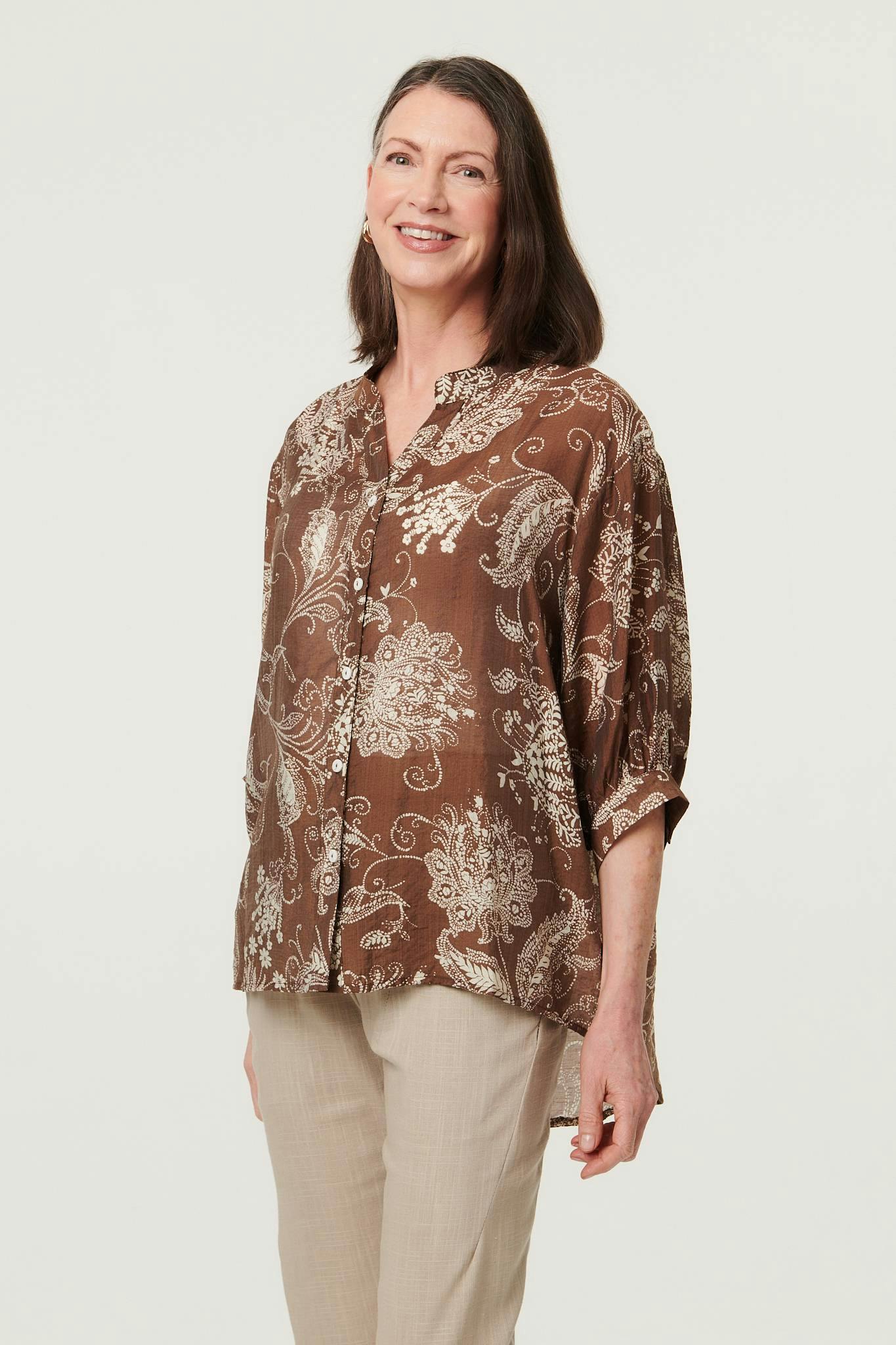 Izabel London Beige Paisley Print 3/4 Sleeve Relaxed Blouse - 16