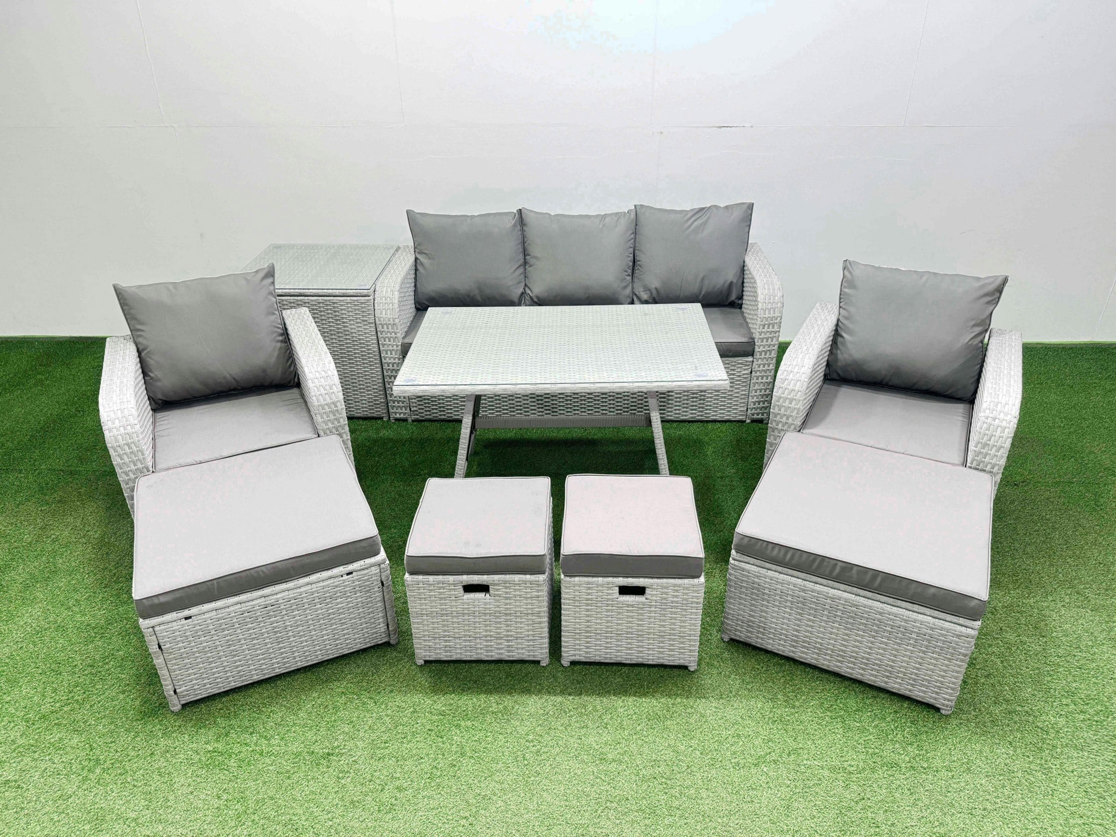 Rackhams Light/Grey Rattan Garden Furniture Dining Set 9 Seater Patio Rectangular Table Sofa Set With Side Table 4 Stools