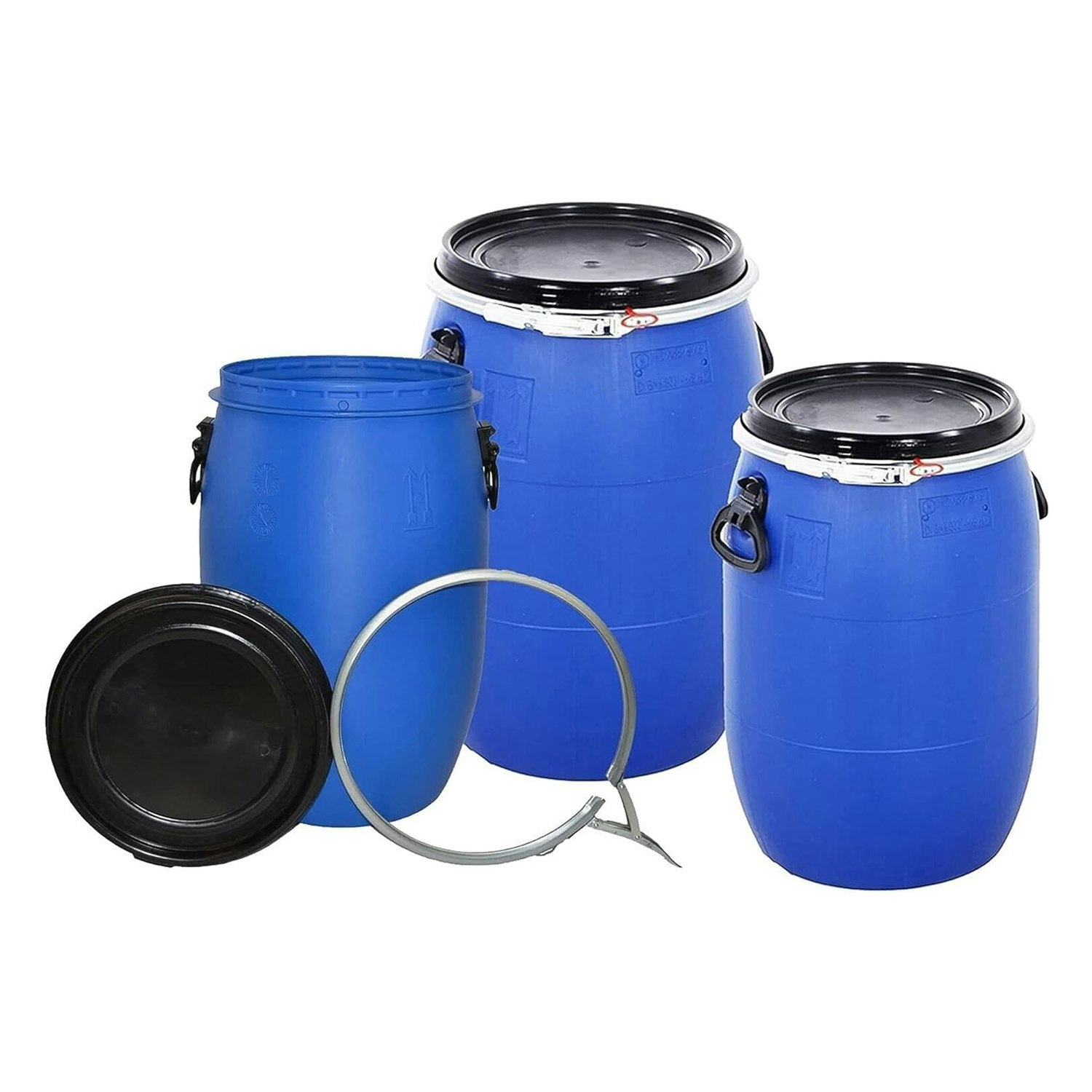 Rackhams Blue Plastic Open Top Storage Barrel Drum Keg With Lid & Latch Ring - 30 Litre