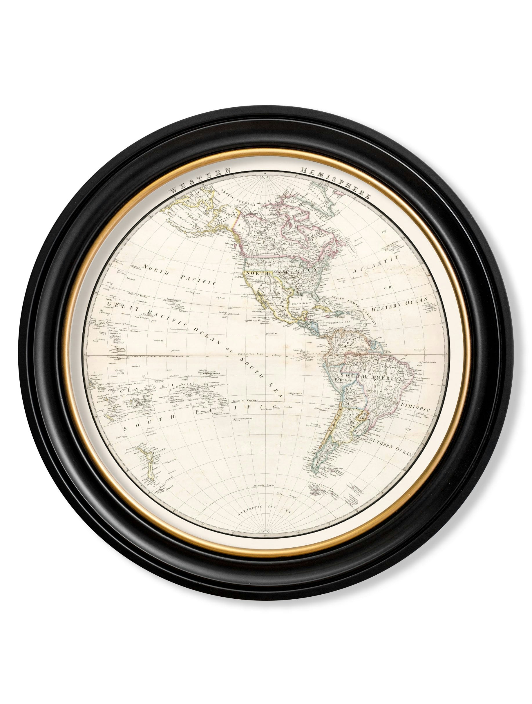 Rackhams Black C.1838 World Map Hemispheres In Round Frames - 96 X 96Cm - Western Hemisphere