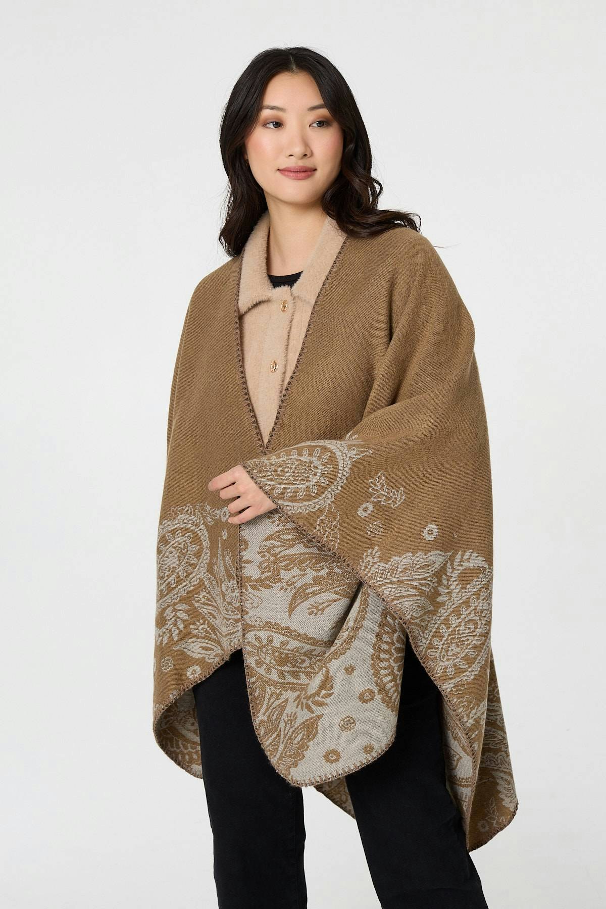 Izabel London Beige Border Print Relaxed Open Front Poncho - One