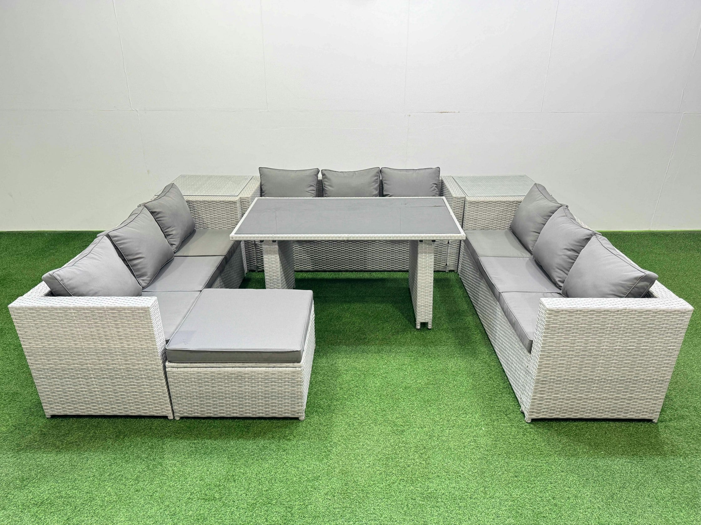 Fimous Black/Light/Grey Patio Outdoor Garden Furniture Sets With Glass Top Dining Table 3 Seater Sofa 2 Side Tables Big Stool