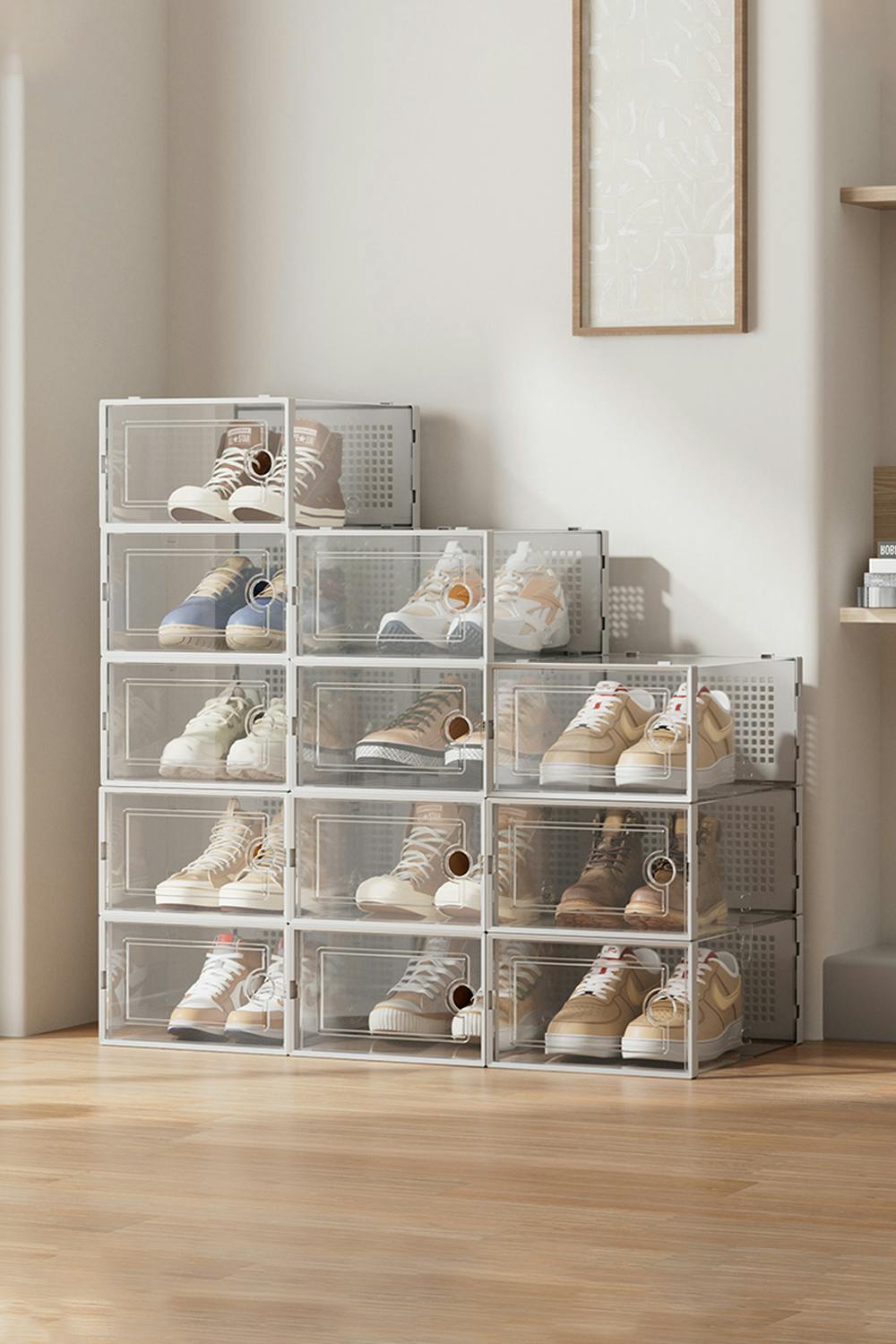 Rackhams White 12Pcs Plastic Stackable Shoe Storage Box Organiser - One Size