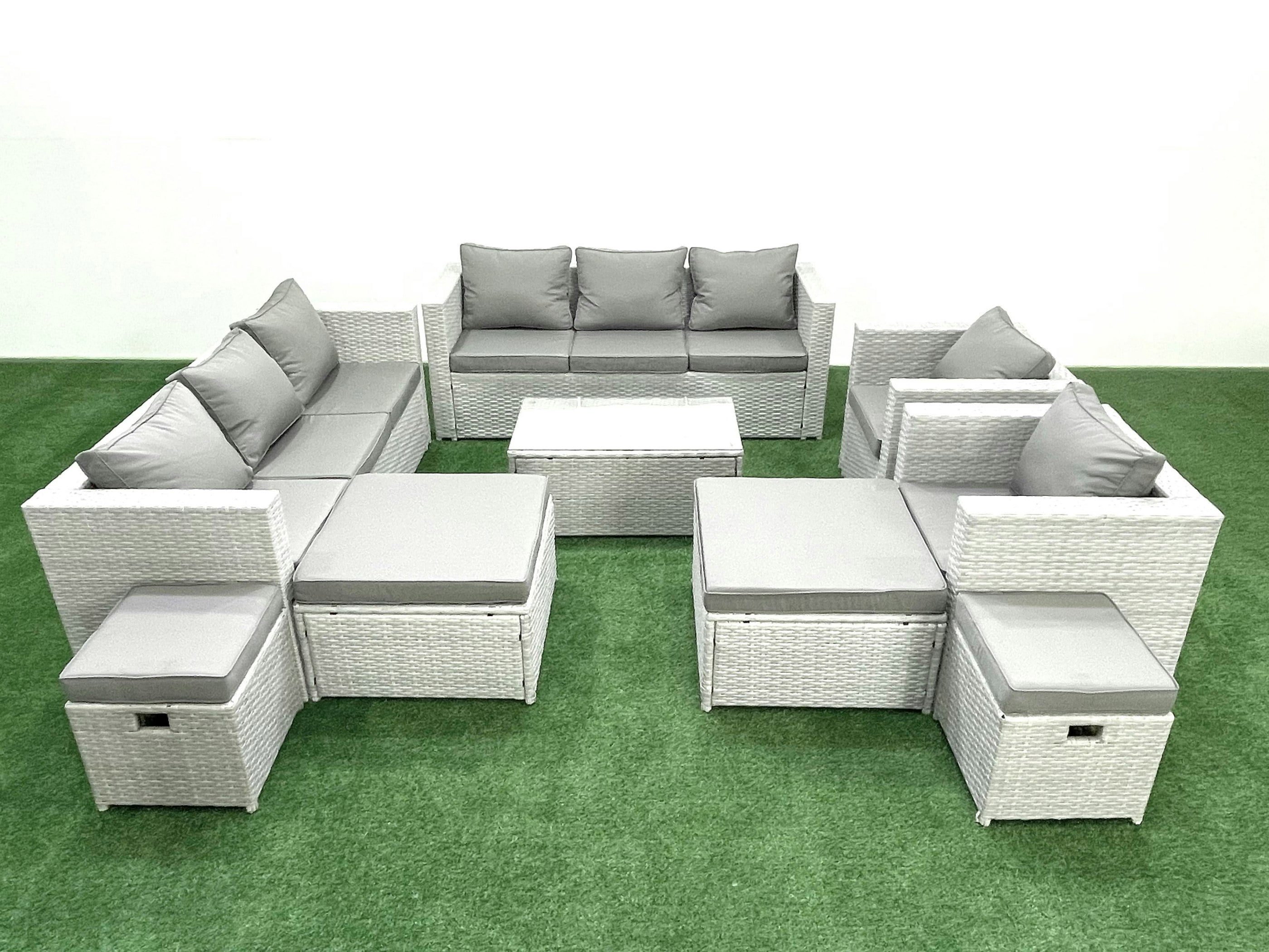 Rackhams Light/Grey 9 Pieces Rattan Garden Furniture Set Outdoor Garden Sofa Chair Coffee Table Set With 4 Footstools Mixed