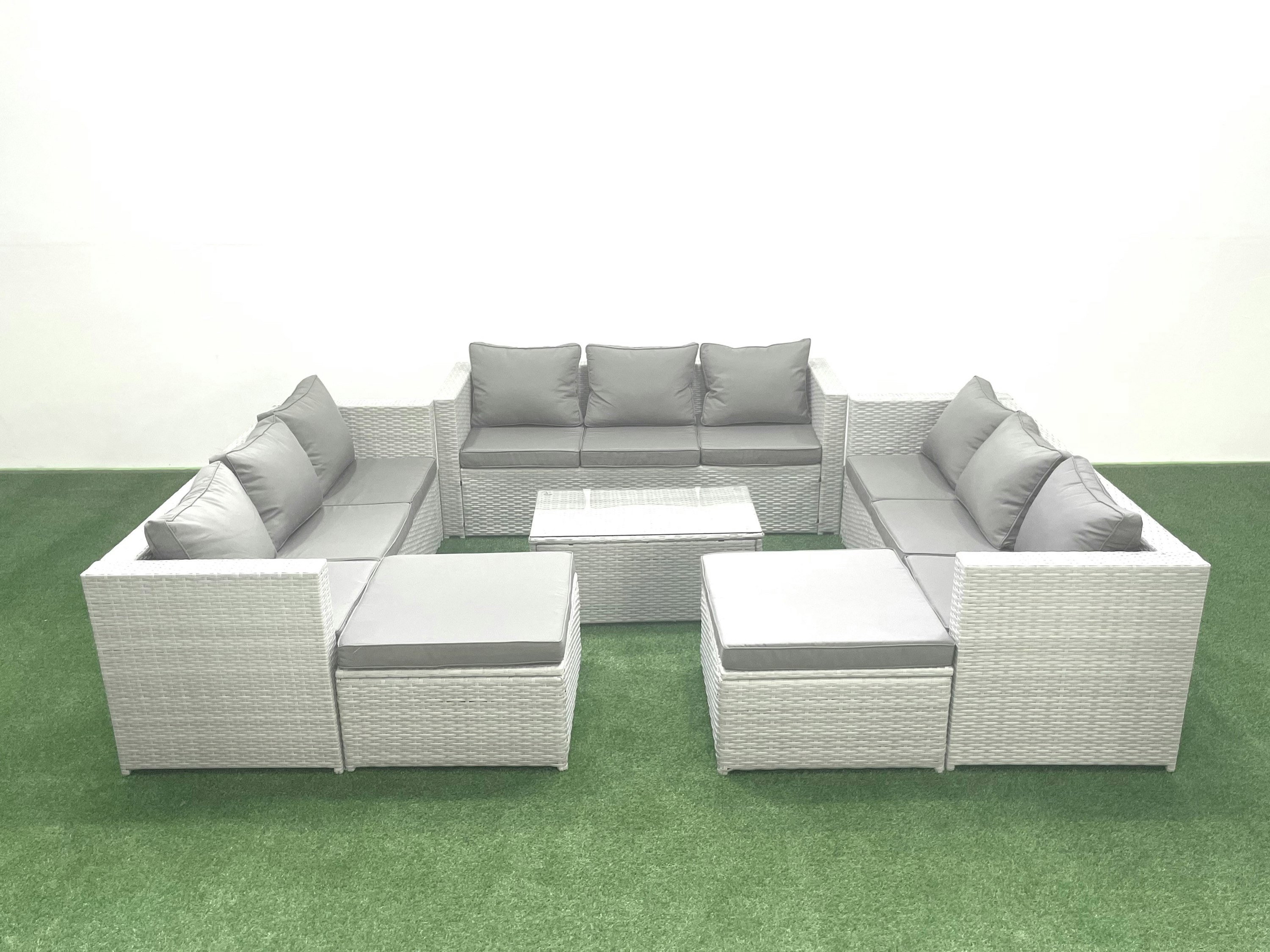 Fimous Light/Grey Rattan Garden Outdoor Furniture Set 11 Seater Garden Sofa Coffee Table Set With 2 Big Footstools Mixed