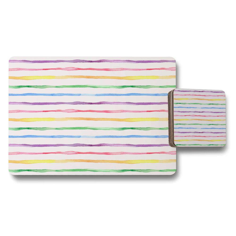 Rackhams Rainbow Stripes Placemat And Coaster Set, Designer Artwork Collection, Wood Backing, Limited Edition