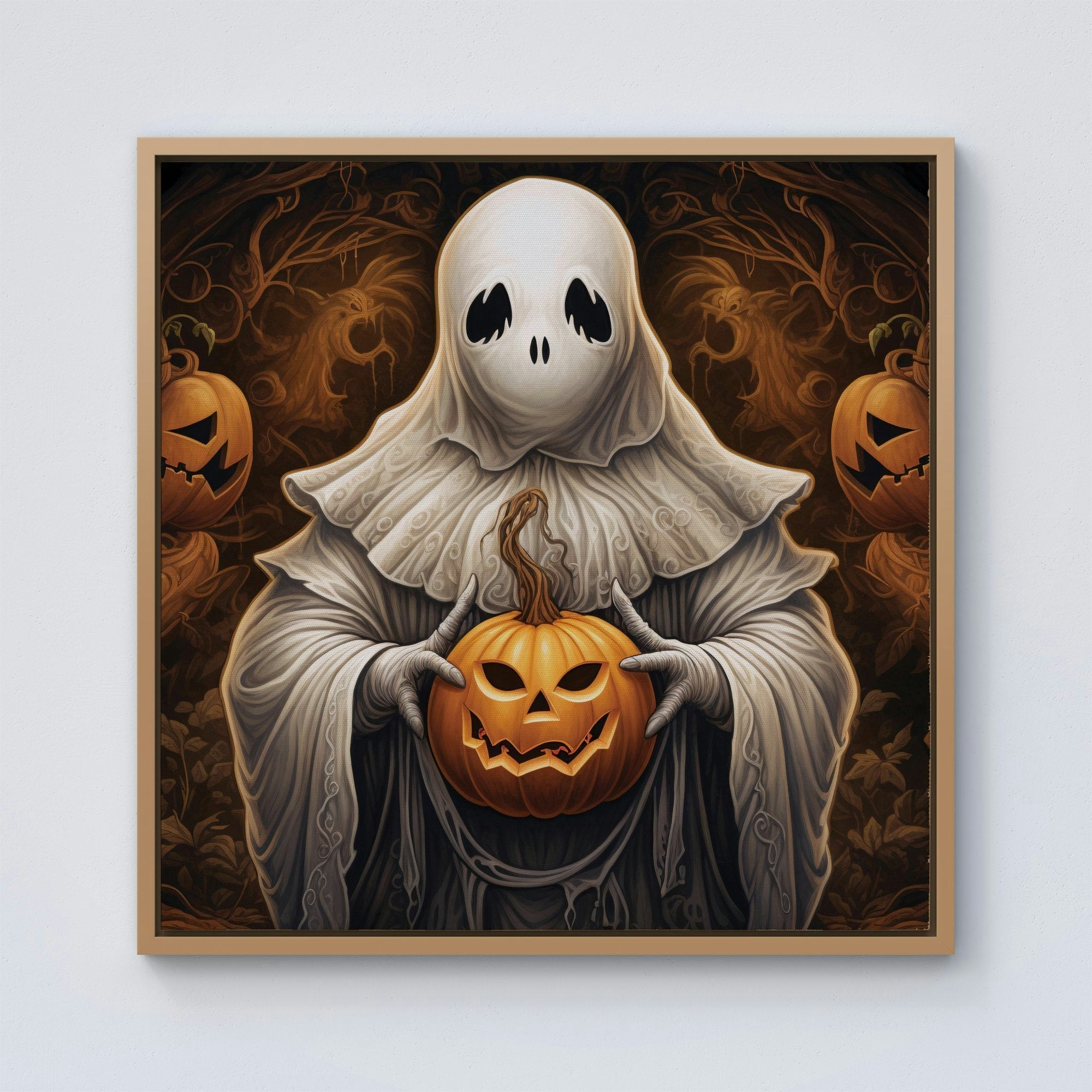 Rackhams White Spooky Ghost Holding Pumpkin Framed Canvas - 10" X 10" - Pine
