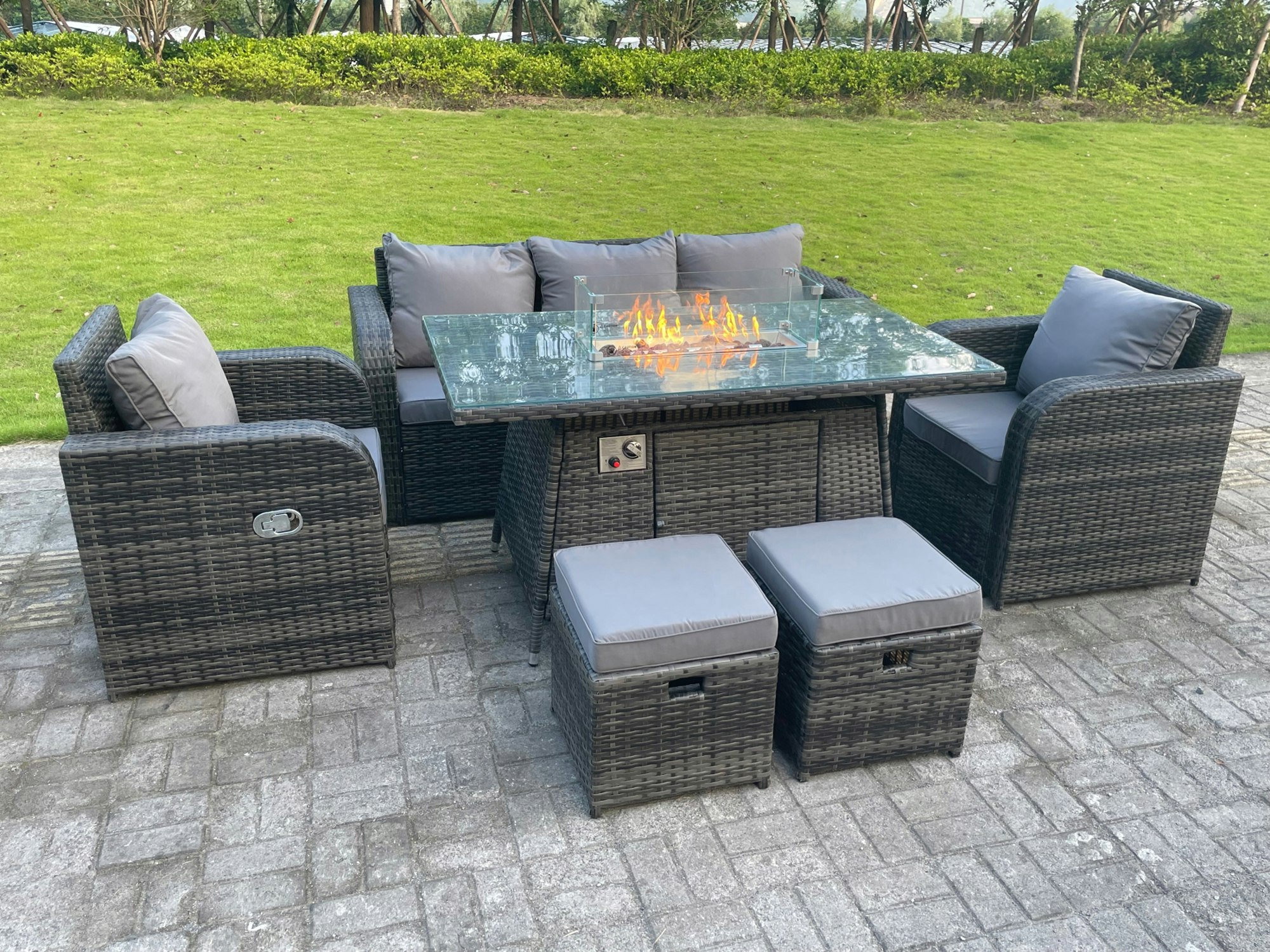 Rackhams Dark/Grey 7-Seater Rattan Outdoor Gas Fire Pit Set | Gas Heater, Reclining Chairs, Lounge Sofa, Footstools Size 7