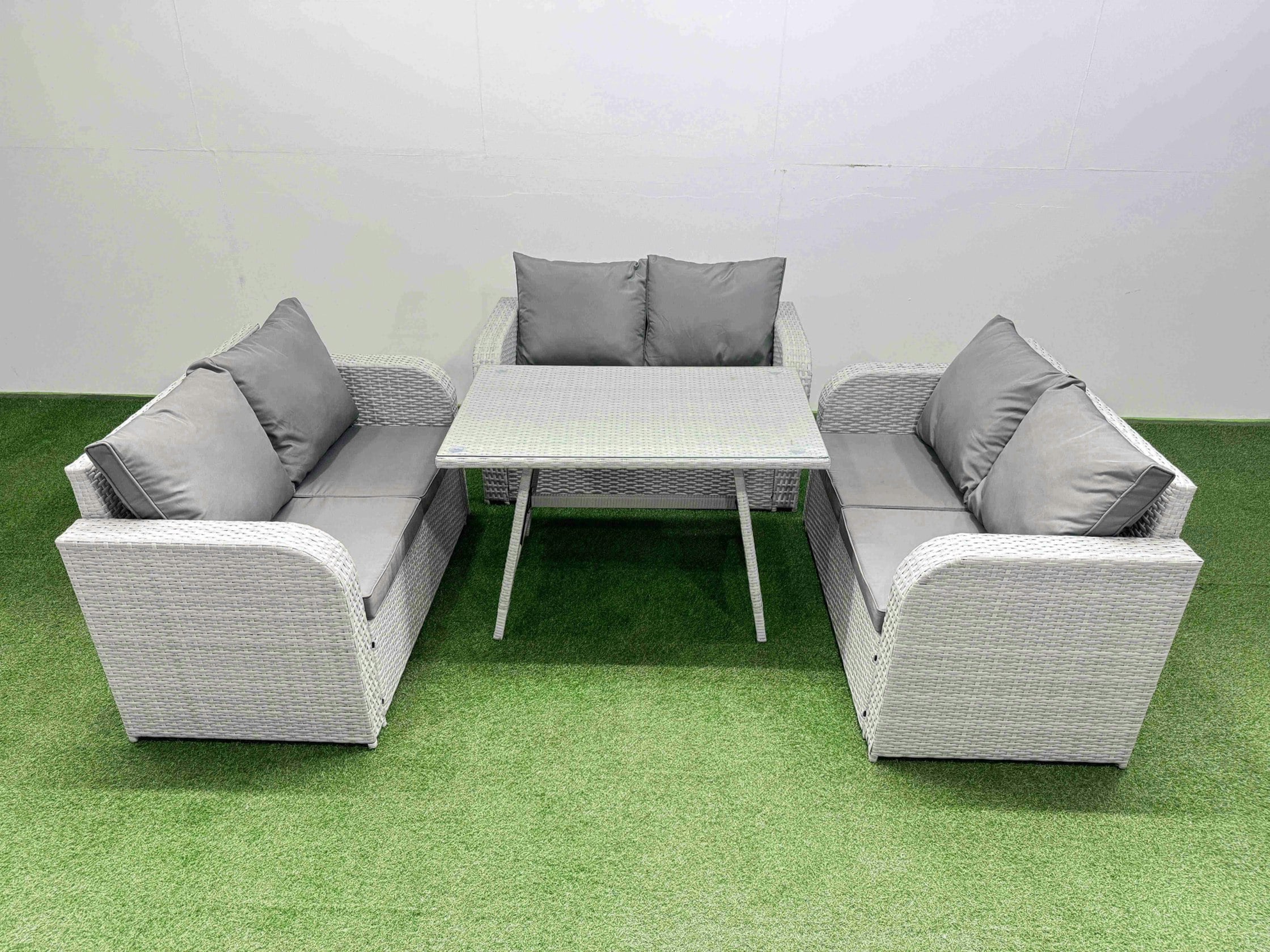 Rackhams Rattan Garden Furniture Dining Set 6 Seater Patio Rectangular Table Love Sofa Set