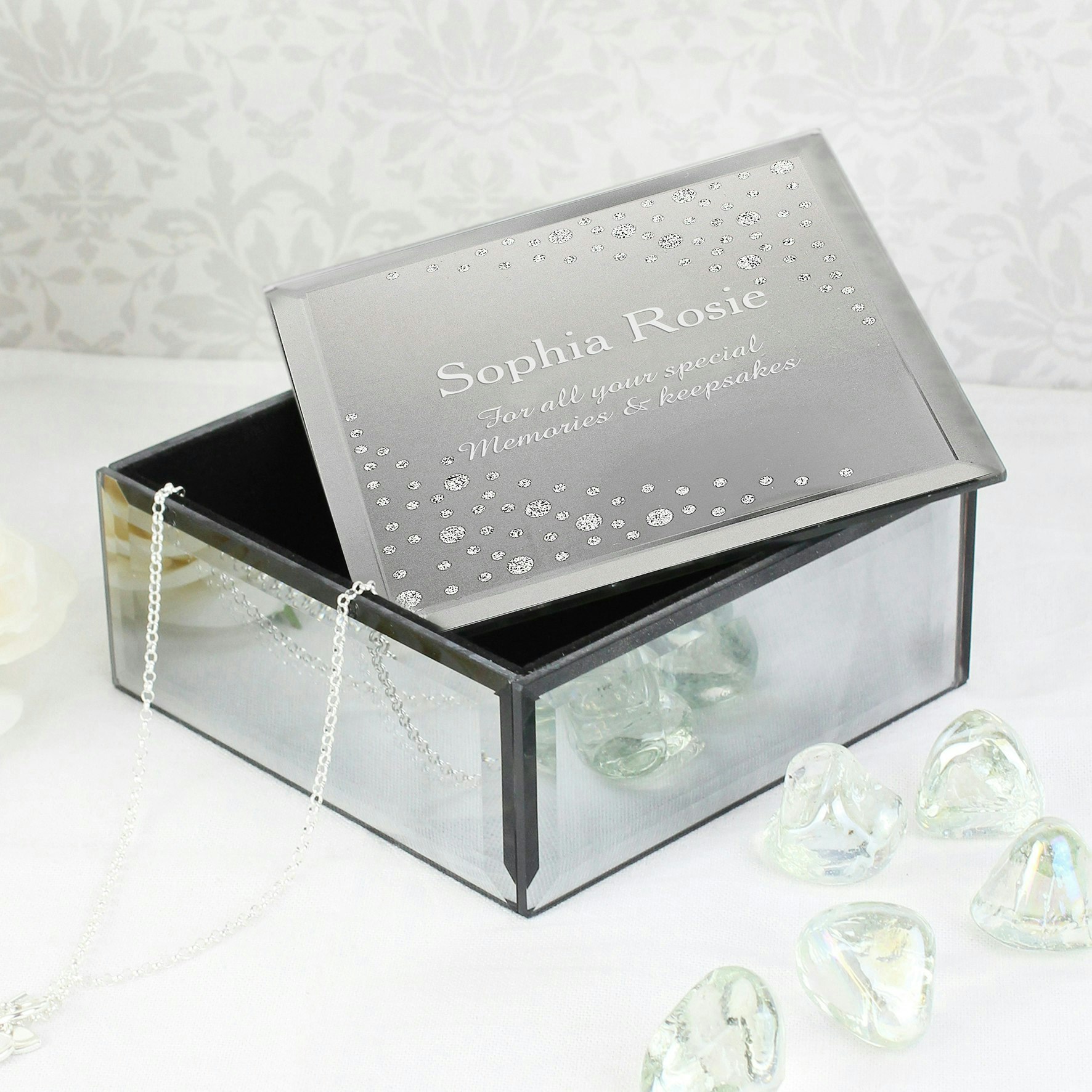 Personalised Memento Company Black Personalised Diamante Name & Message Glass Trinket Box