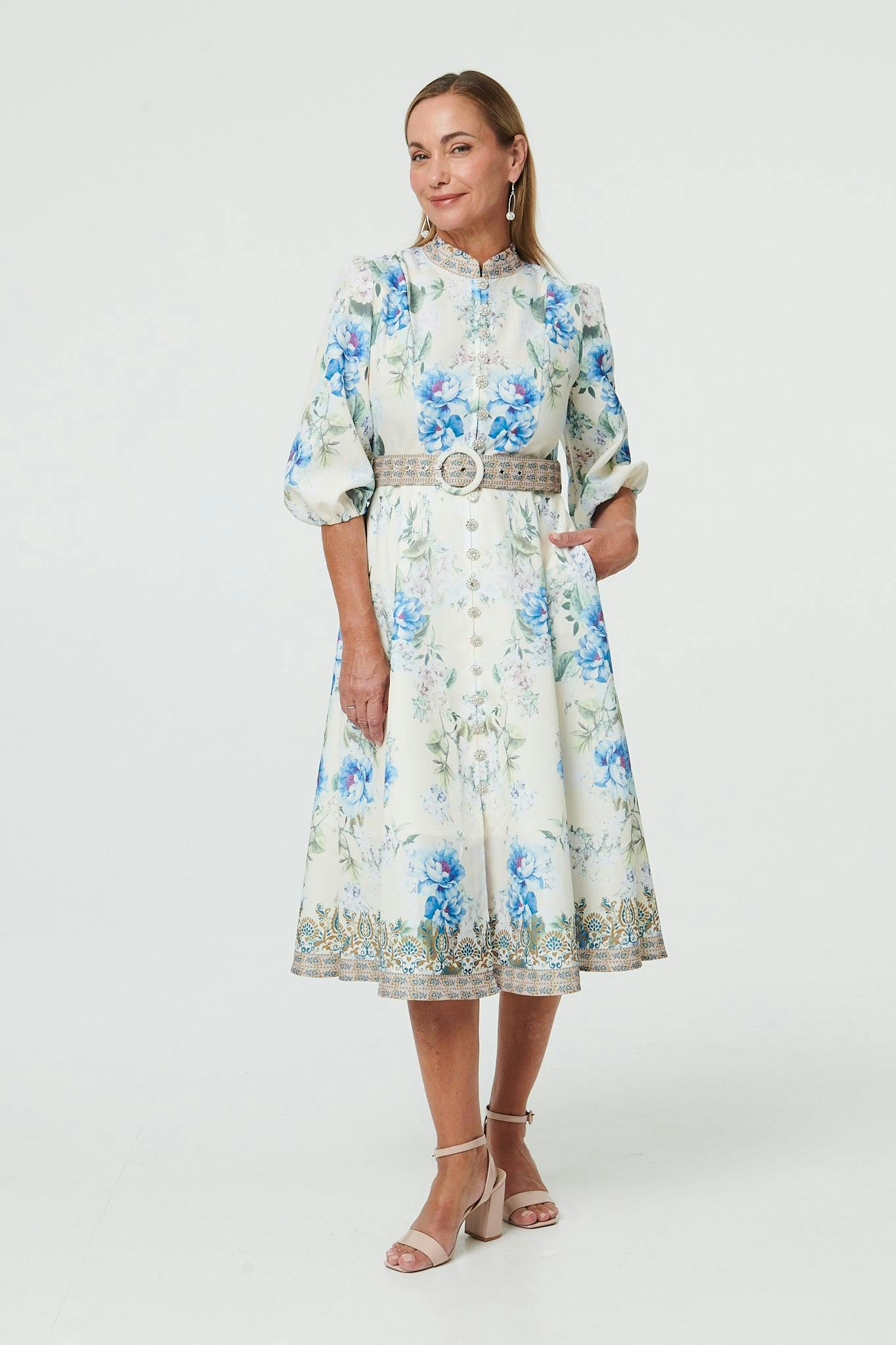 Izabel London White Border Print Belt A-Line Midi Dress - 14