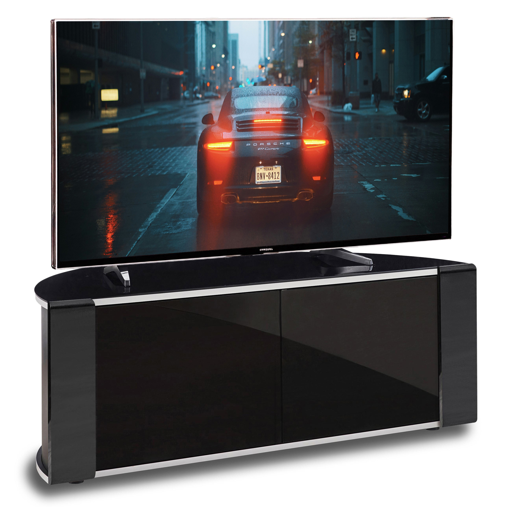 Mda Designs Black/Silver Sirius 850 Remote Friendly Beamthru Glass Door Gloss With Trims Cabinet Up To 40" Lcd/Plasma/Led Tv Stand