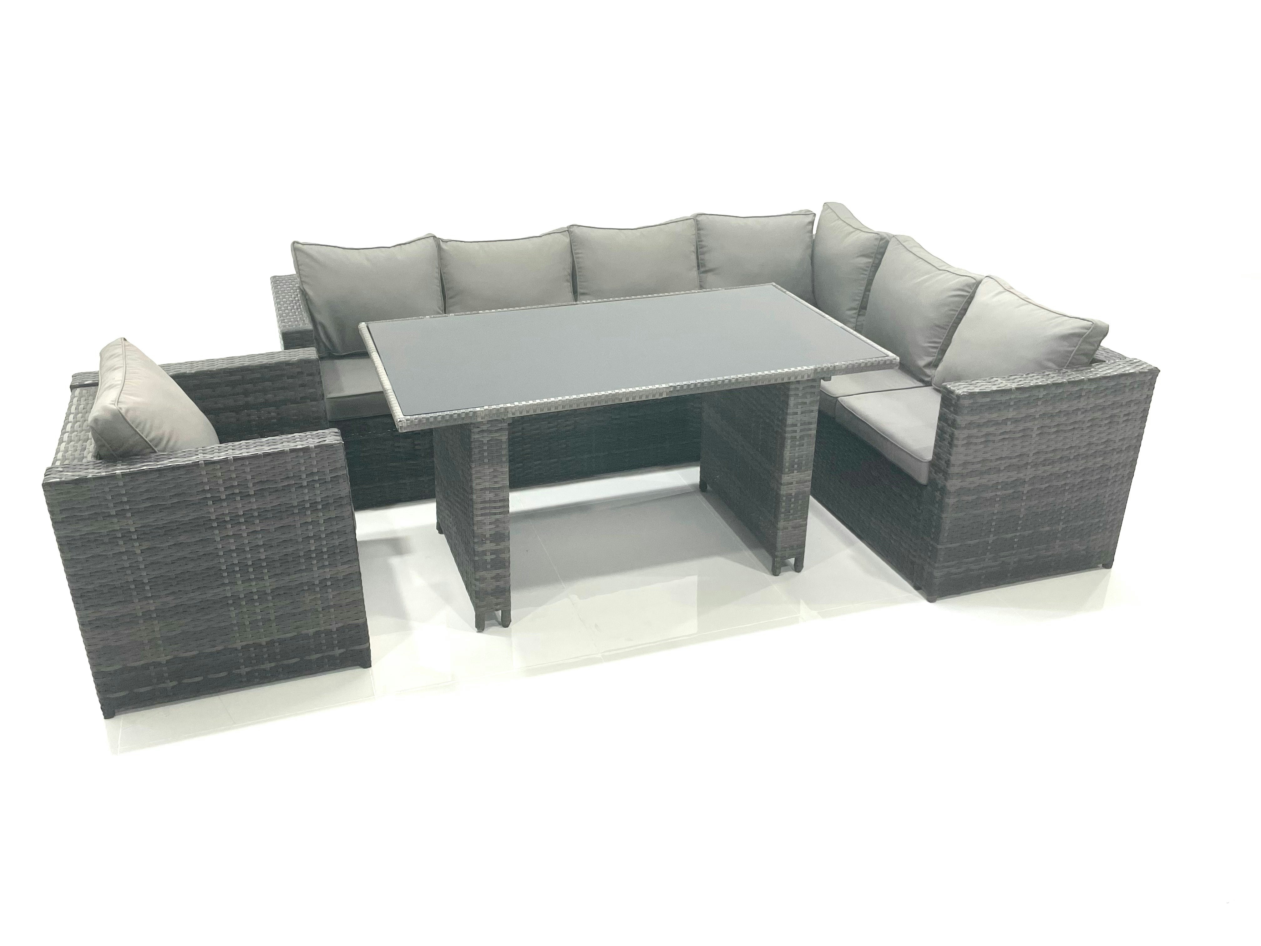 Rackhams Black Lounge Rattan Corner Sofa Set Outdoor Garden Furniture Rectangular Dining Table Chair