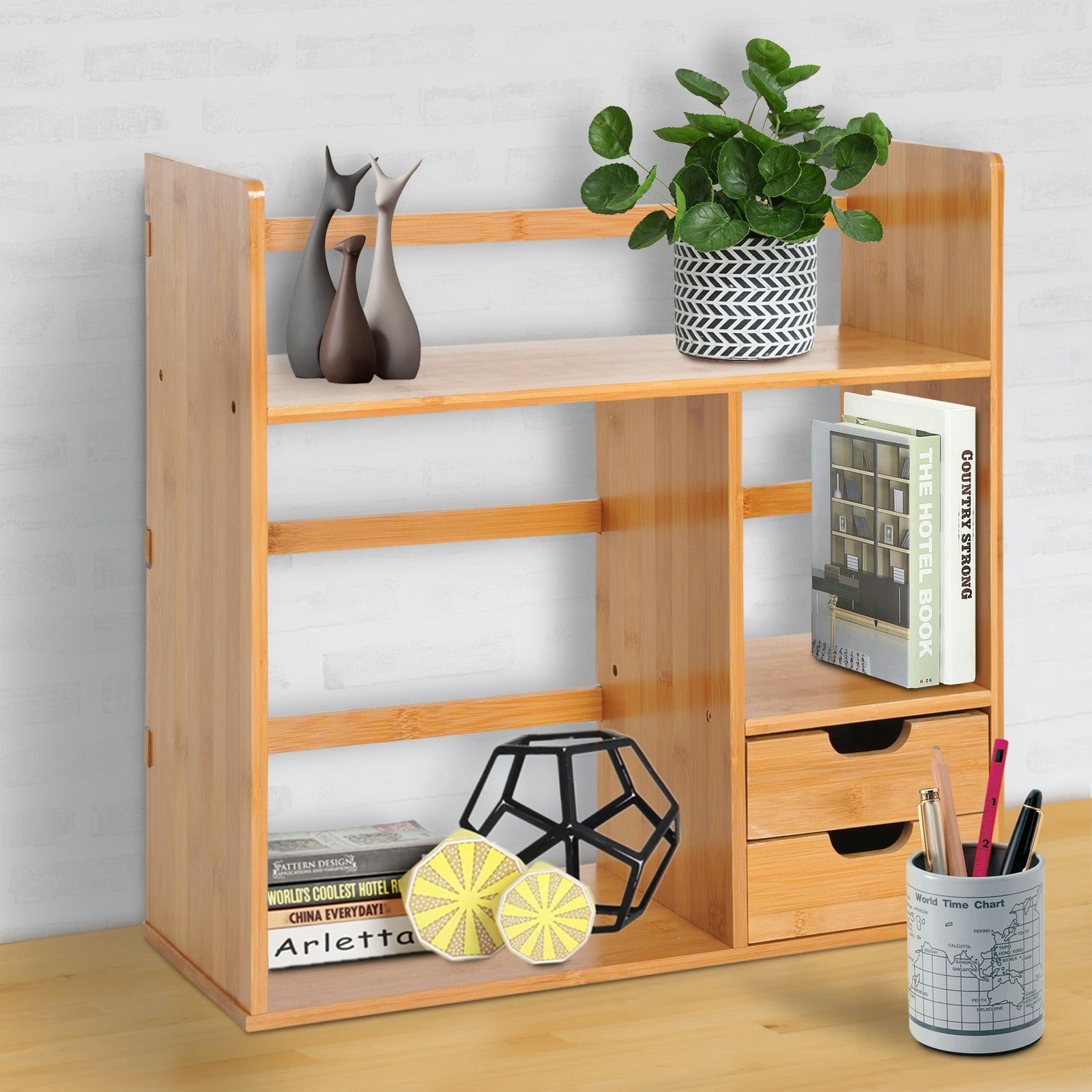 Zennor Natural Bamboo Desk Organiser - 2 Tier, 2 Drawer, Brown - Image 2