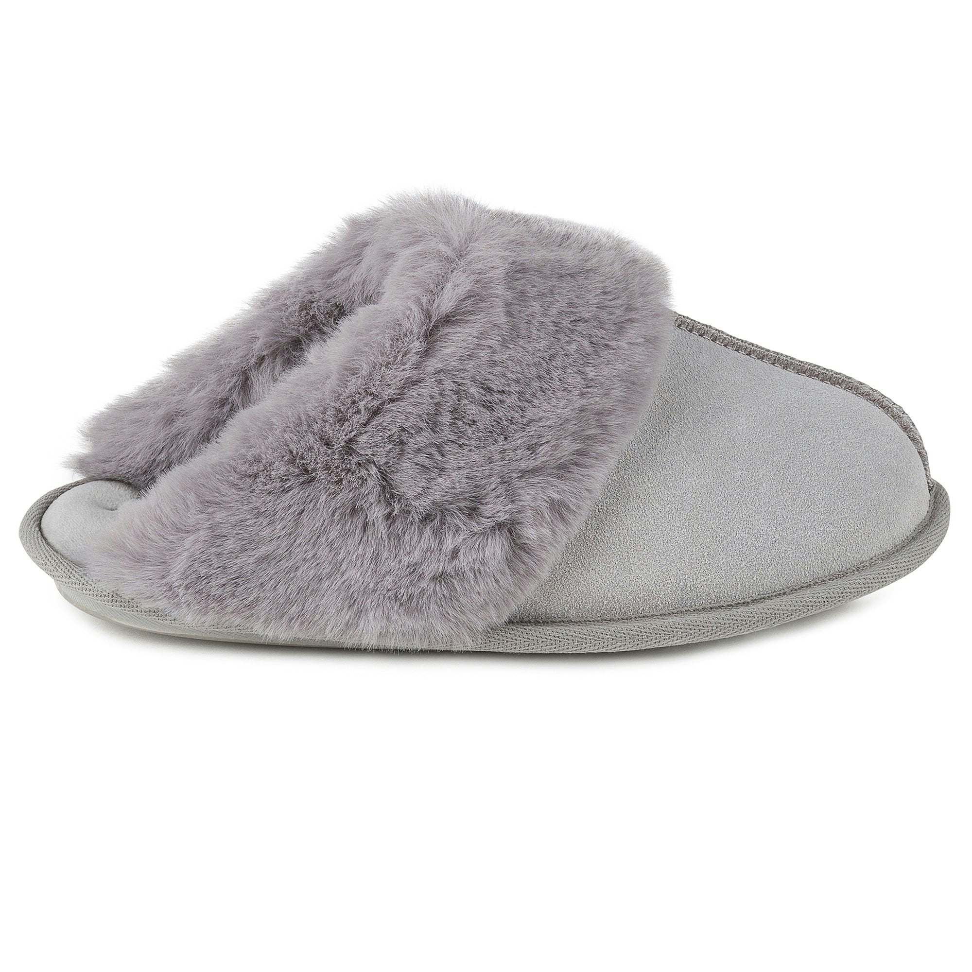 Totes Women's Grey Isotoner Real Suede With Fur Cuff Mule Slippers - Uk Size 4