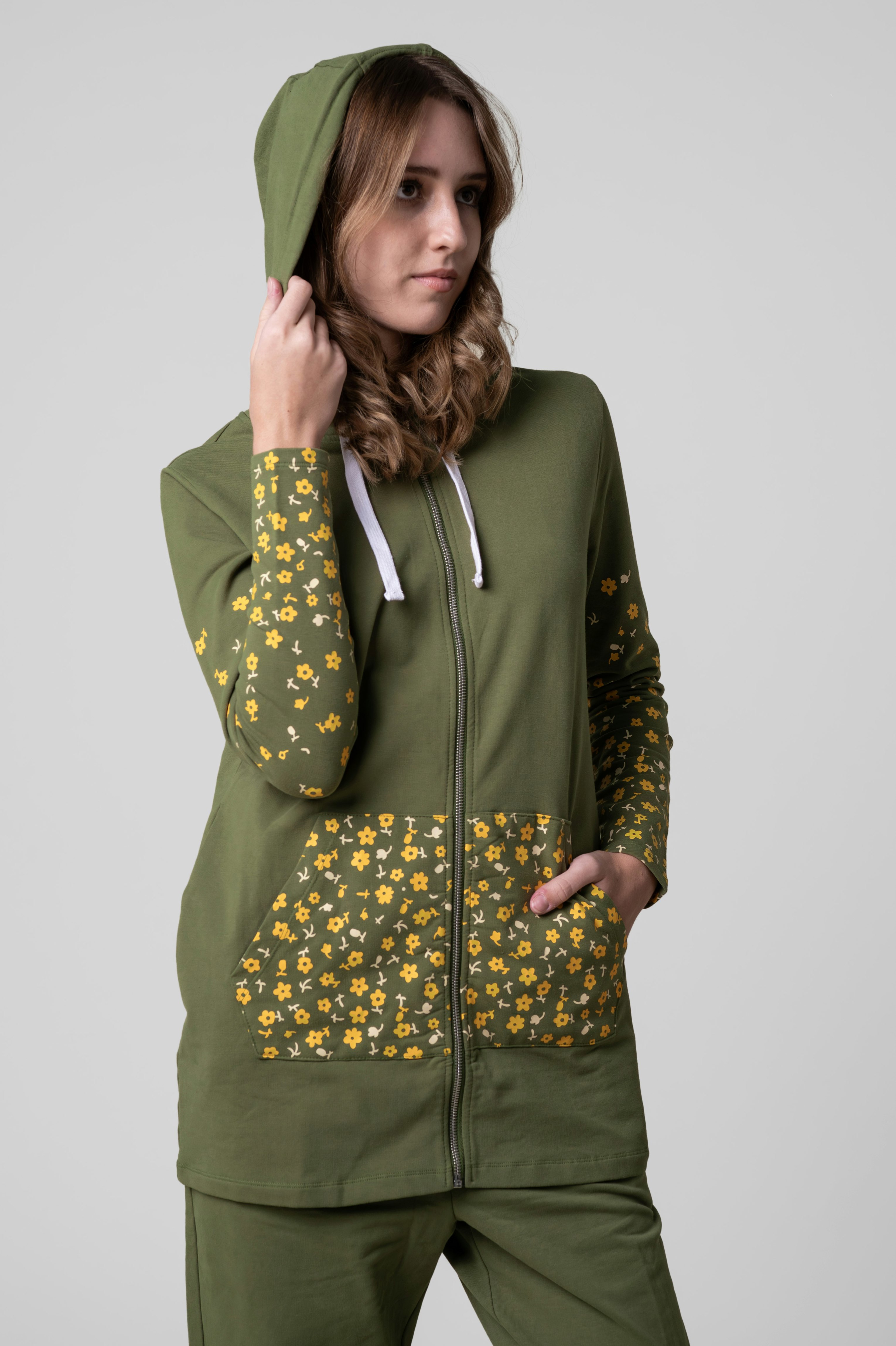 Enorsia Women's Green Longline Zip Front Hoodie - 8 - 92% Cotton, 8% Elastane