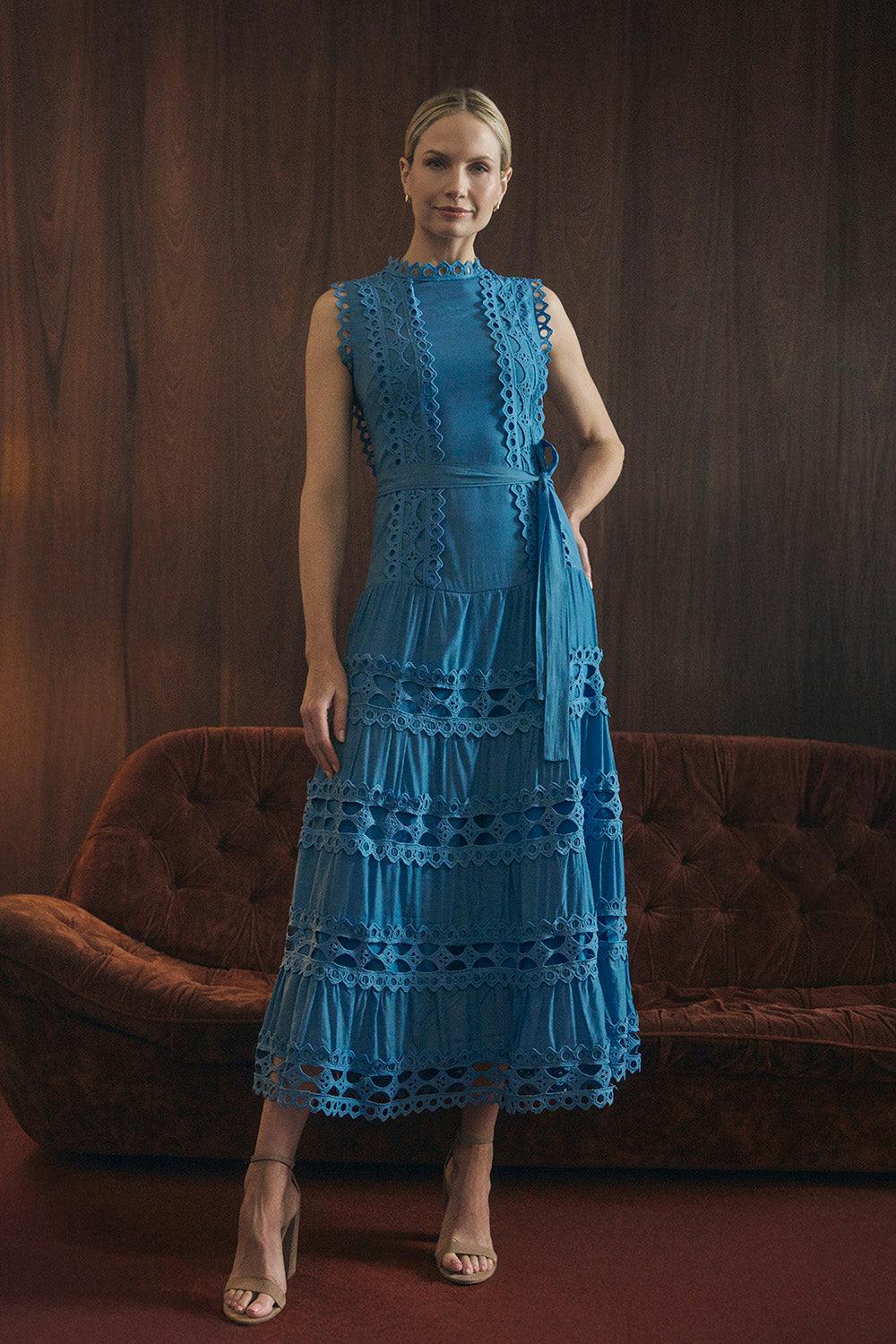 Izabel London Blue Lace Layer Sleeveless Tie Maxi Dress - 18