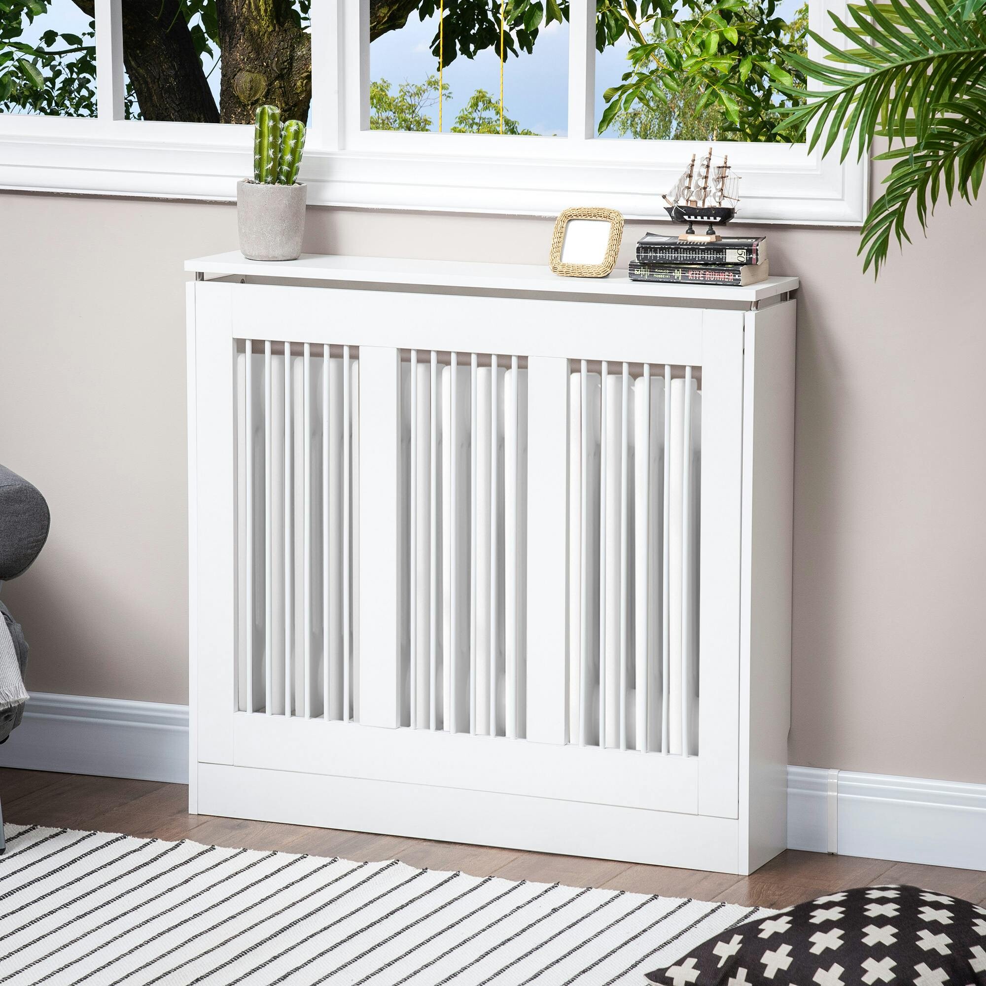 HOMCOM Radiator Cover Vertical Slatted MDF Steel for Heat Circulation White | Size: Medium - Image 2