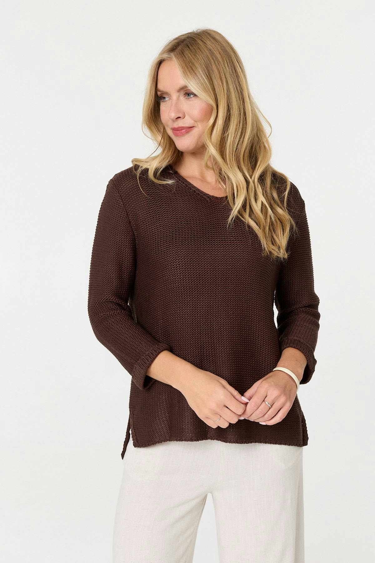 Izabel London Brown Mesh Texture 3/4 Sleeve Relaxed Top - 8/10