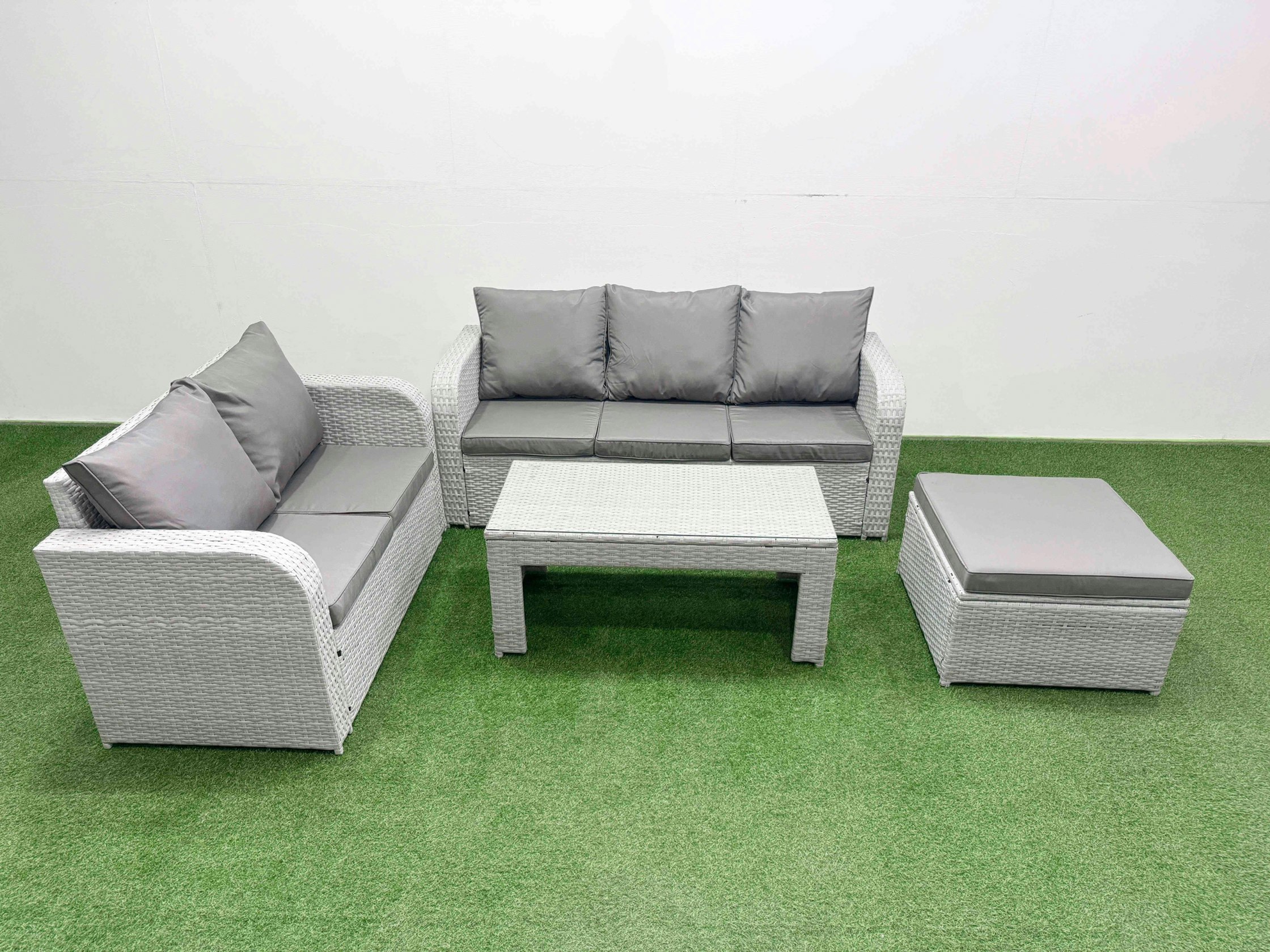 Rackhams Light/Grey/Dark 6 Seater Pe Rattan Wicker Garden Furniture Patio Conservatory Sofa Set With Oblong Coffee Table 3 Seater Sofa Love Sofa Big Footstool