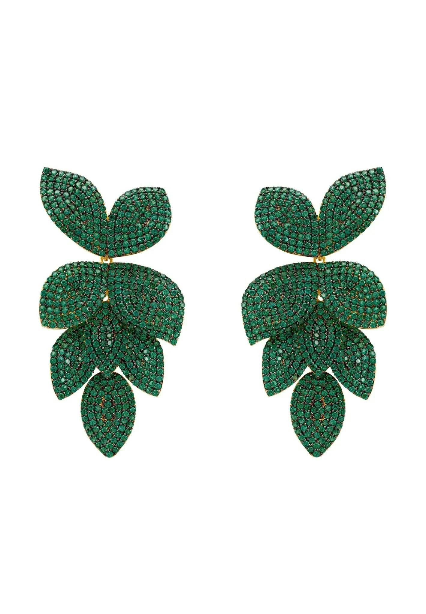 Latelita Gold/Green Petal Cascading Flower Earrings Emerald