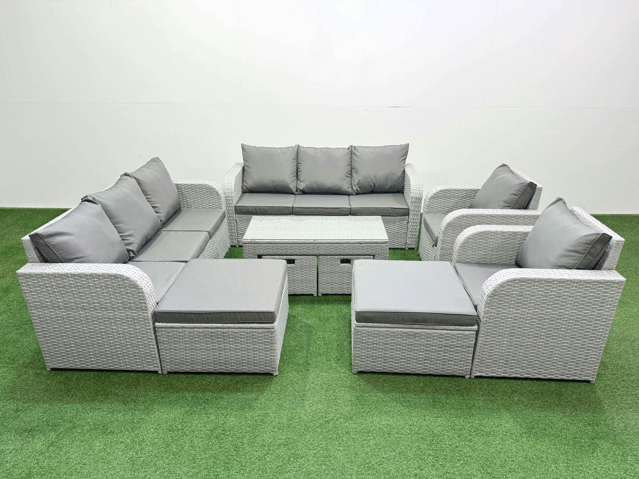 Rackhams Light/Grey Pe Wicker Rattan Furniture Sofa Sets With Oblong Coffee Table 3 Seater Sofa 4 Stools