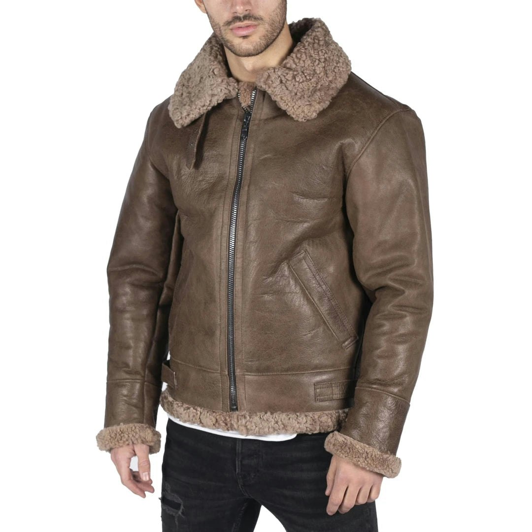 Infinity Leather Men's Brown Leather Company Sheepskin Leather B3 Flying Aviator Teddy Sheep Fur - 2XL