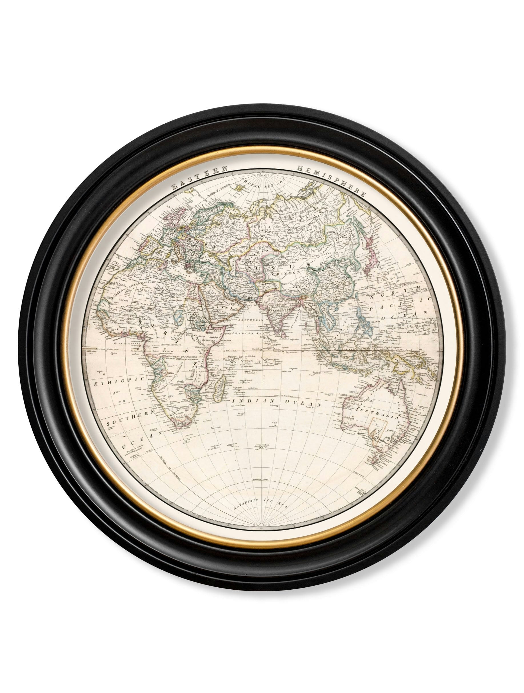 Rackhams Black C.1838 World Map Hemispheres In Round Frames - 120 X 120Cm - Eastern Hemisphere