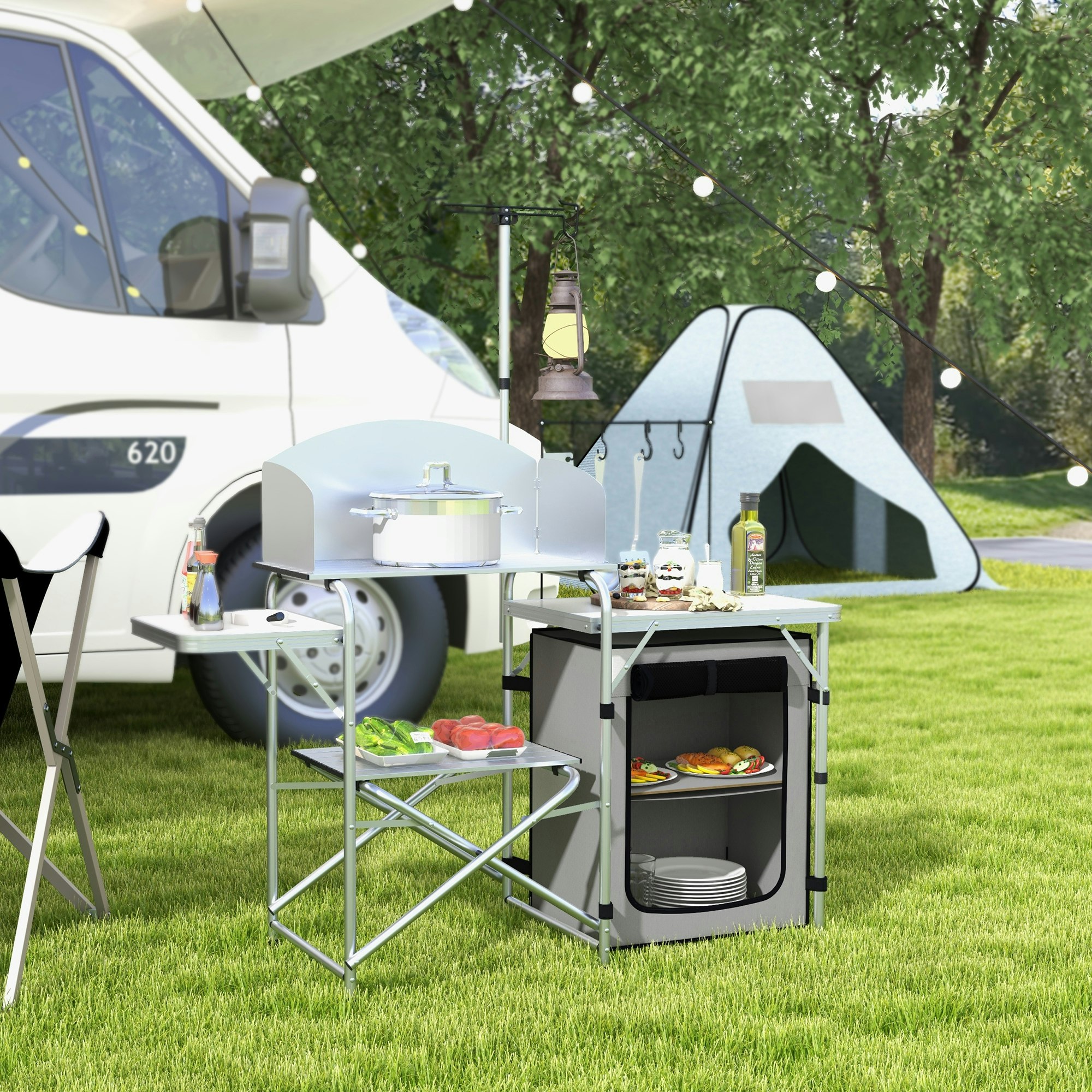 Outsunny Light Camping Kitchen With Cupboard Folding Camping Table With Carrying Bag - 144L X 48W X 119Hcm