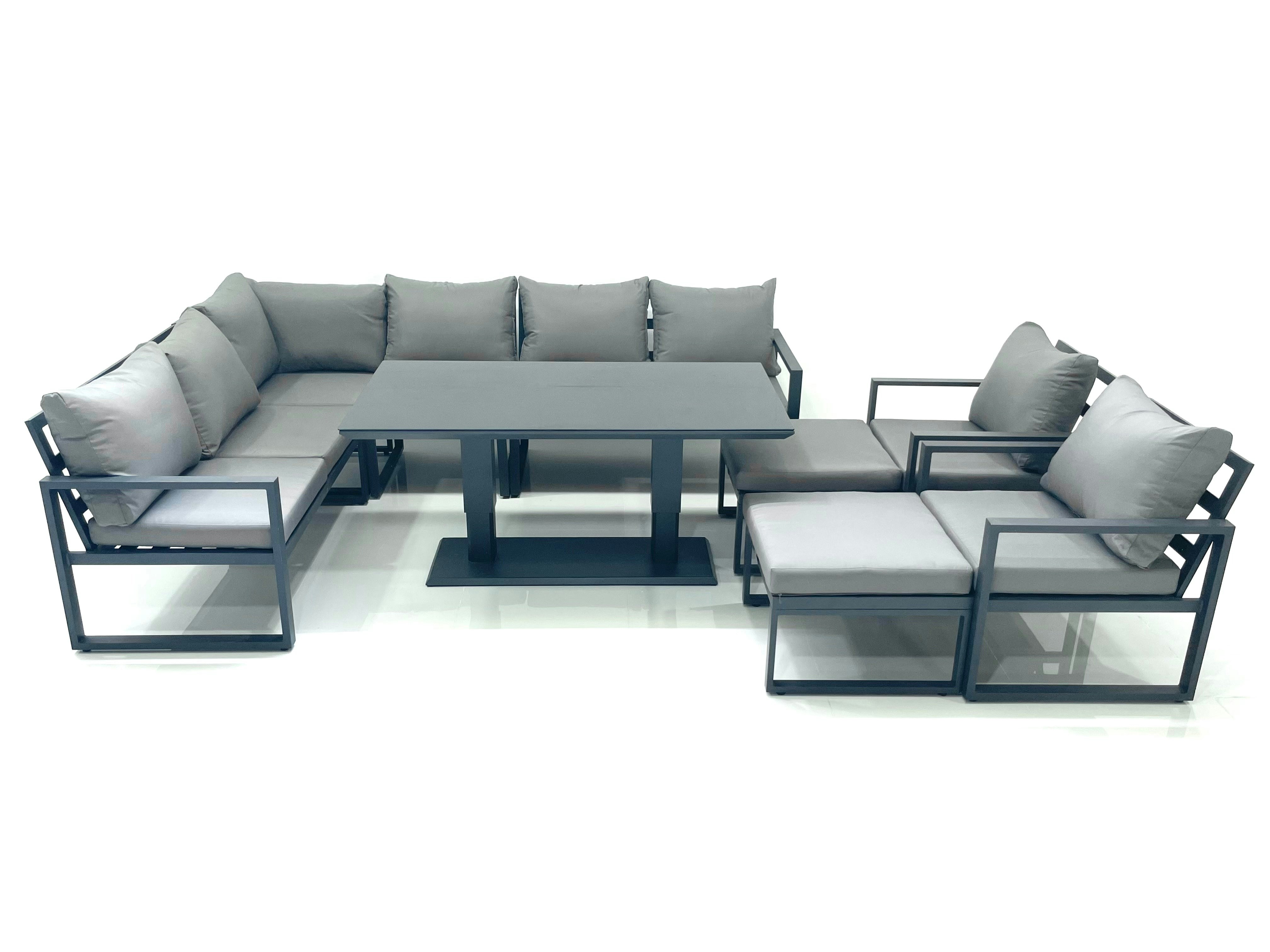 Rackhams Dark/Grey Aluminum Outdoor Garden Furniture Set Corner Sofa 2 Chair 2 Big Footstools Adjustable Rising Lifting Dining Table Sets