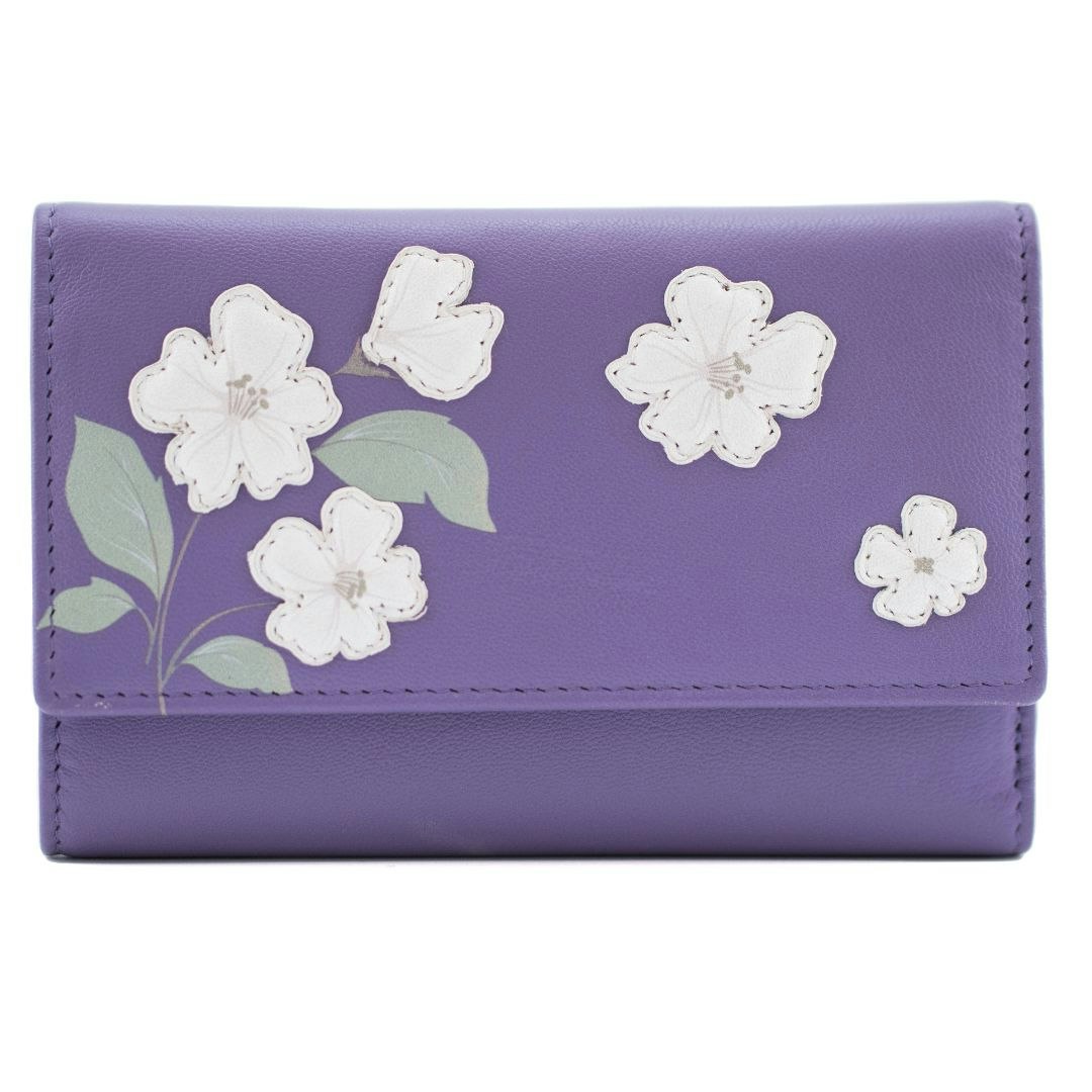 Mala Leather Purple Sakura Floral Large Leather Tri-Fold Purse