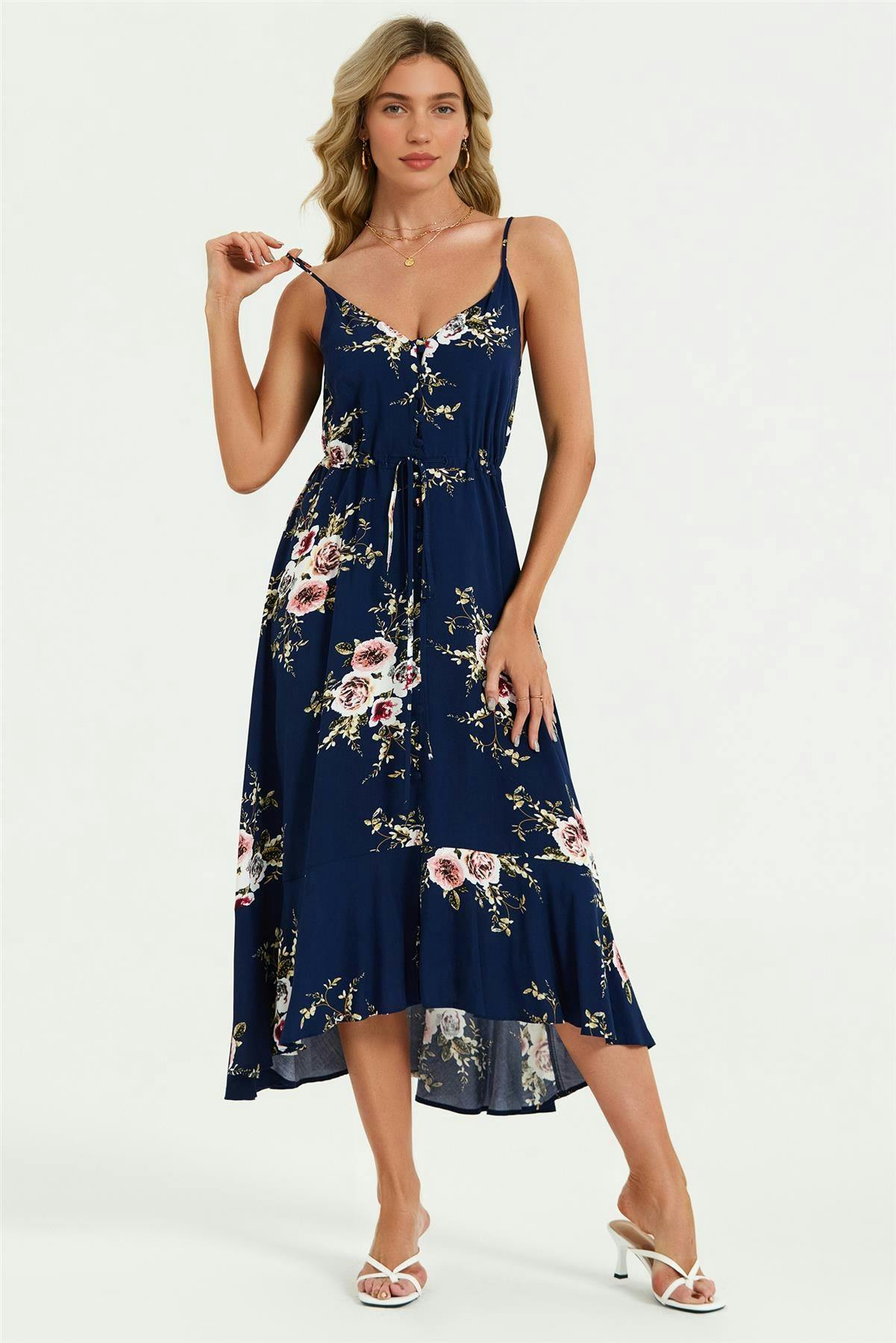 Fs Collection Floral Print Button Down High Low Strappy Dress In Navy - M - Navy