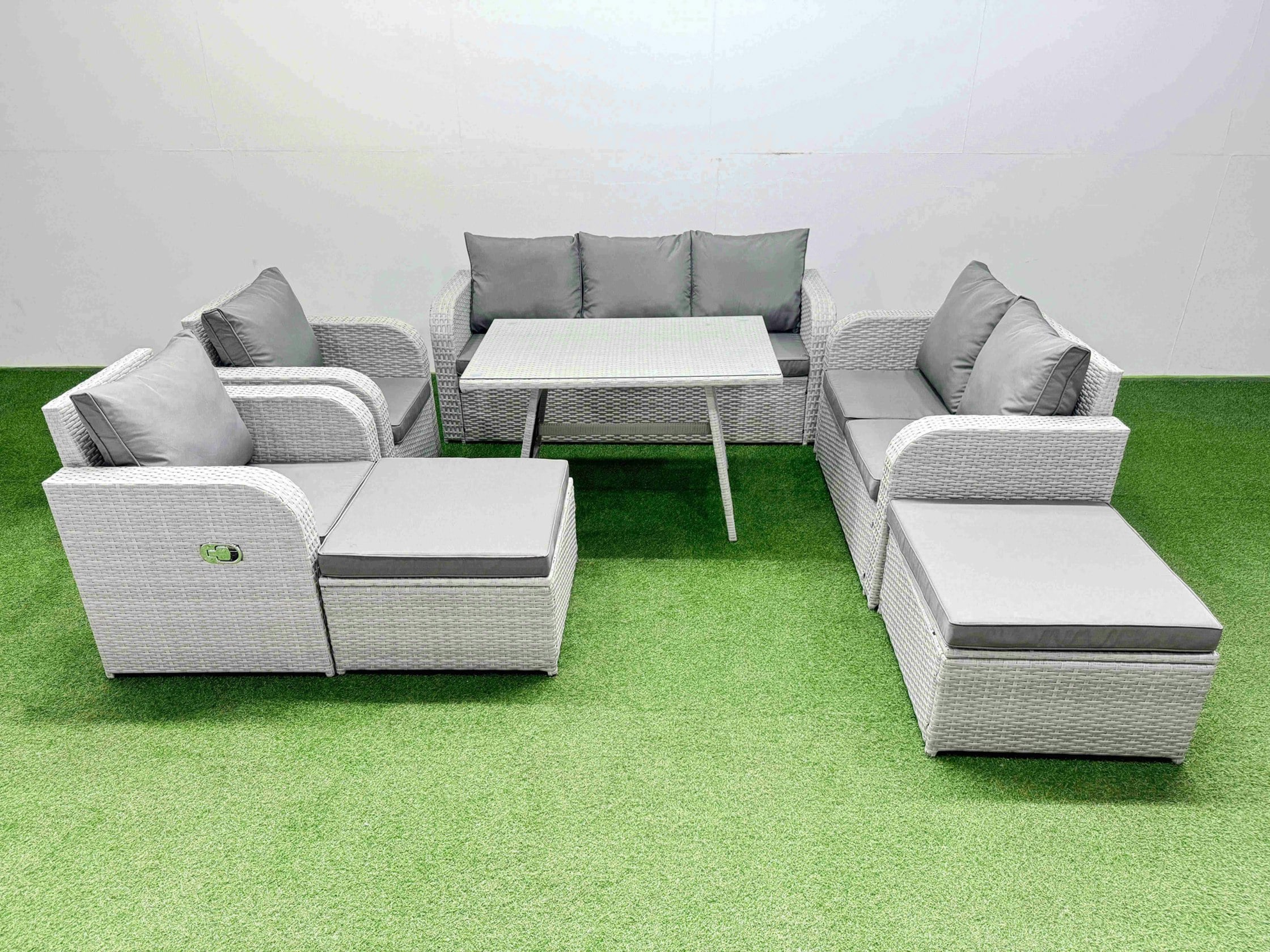 Rackhams Light/Grey Pe Rattan Garden Furniture Set Outdoor Rectangular Dining Table Sofa Set With Reclining Chair 2 Big Stool
