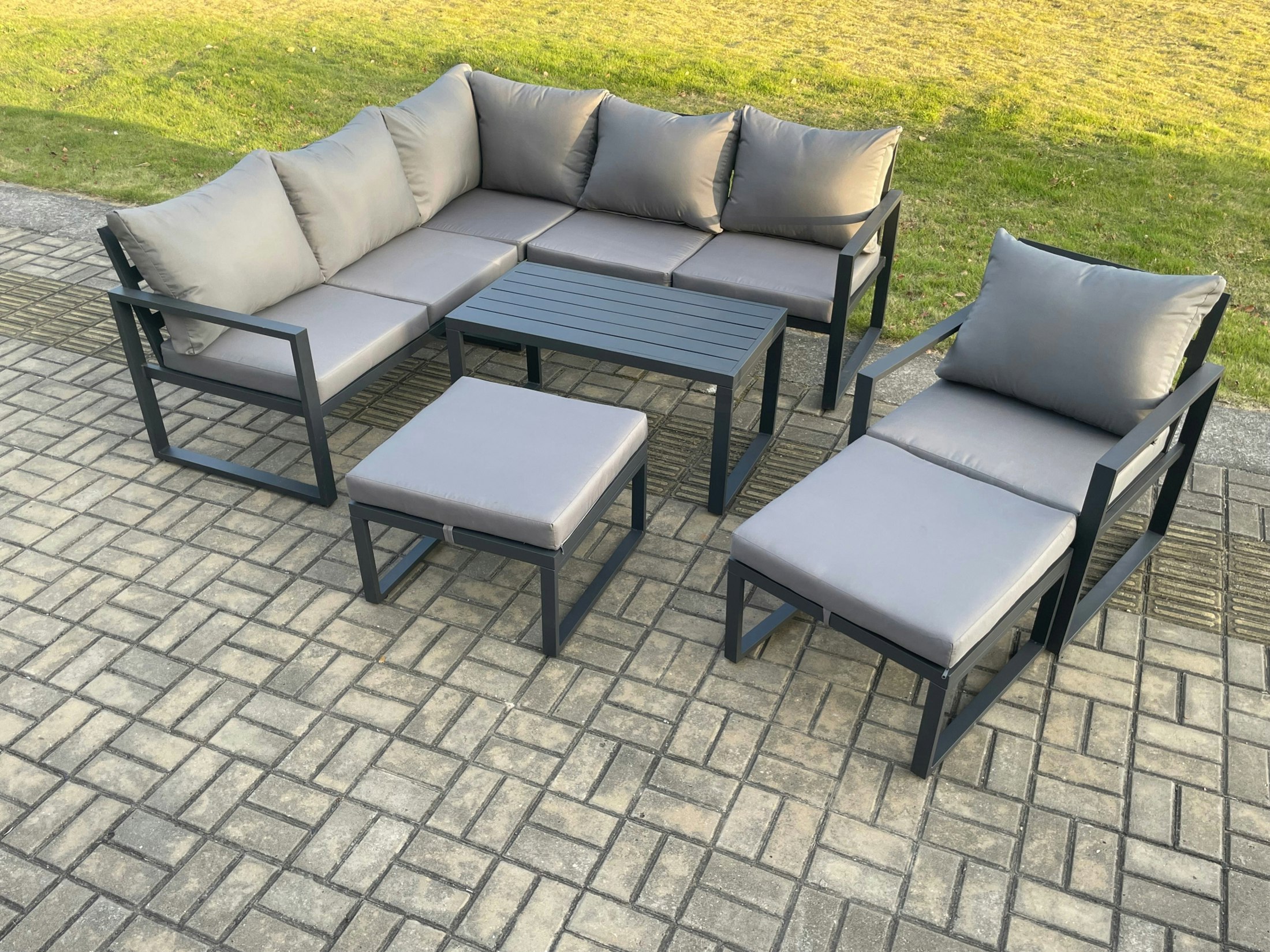 Fimous Dark/Grey Aluminium Outdoor Garden Furniture Set Lounge Sofa Oblong Coffee Table Sets With Chair 2 Big Footstools Indoor Conservatory Set