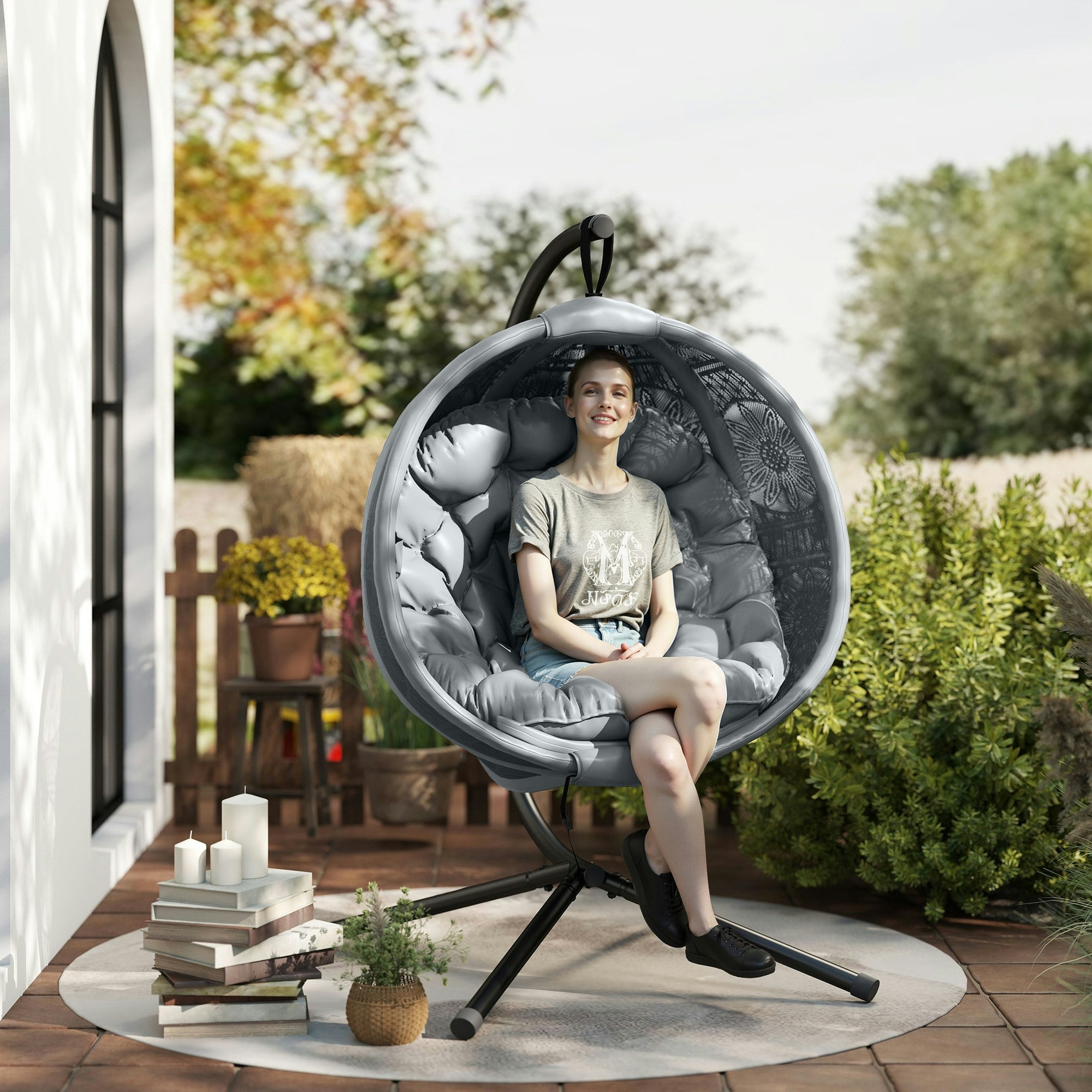 Rackhams Grey Hanging Swing Chair W/ Metal Stand & Side Pocket, Charcoal - Charcoal