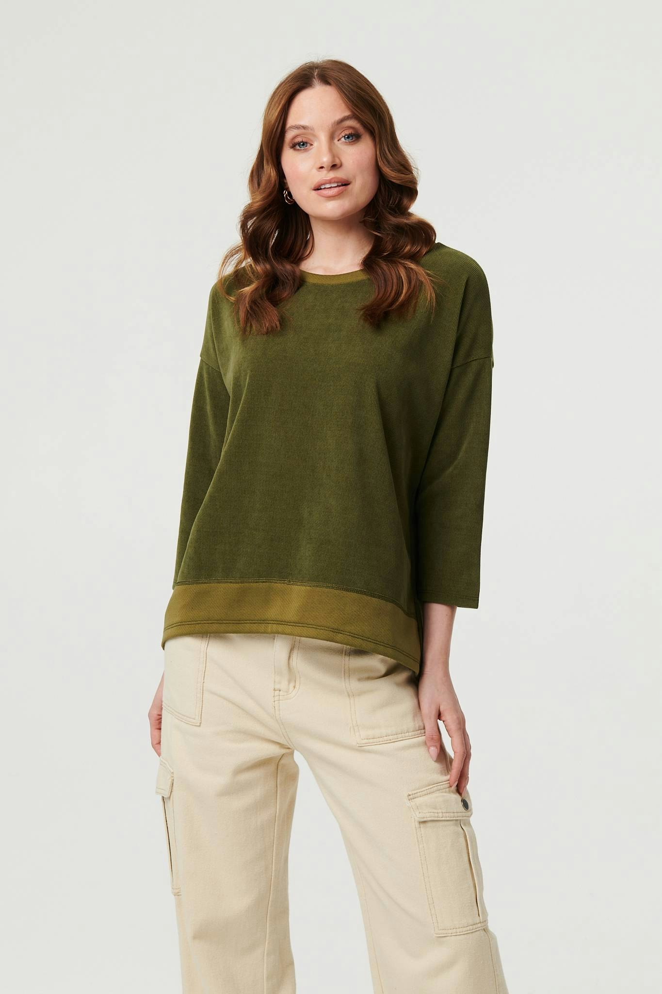 Izabel London Contrast Hem Relaxed 3/4 Sleeve Jumper - 10 - Khaki