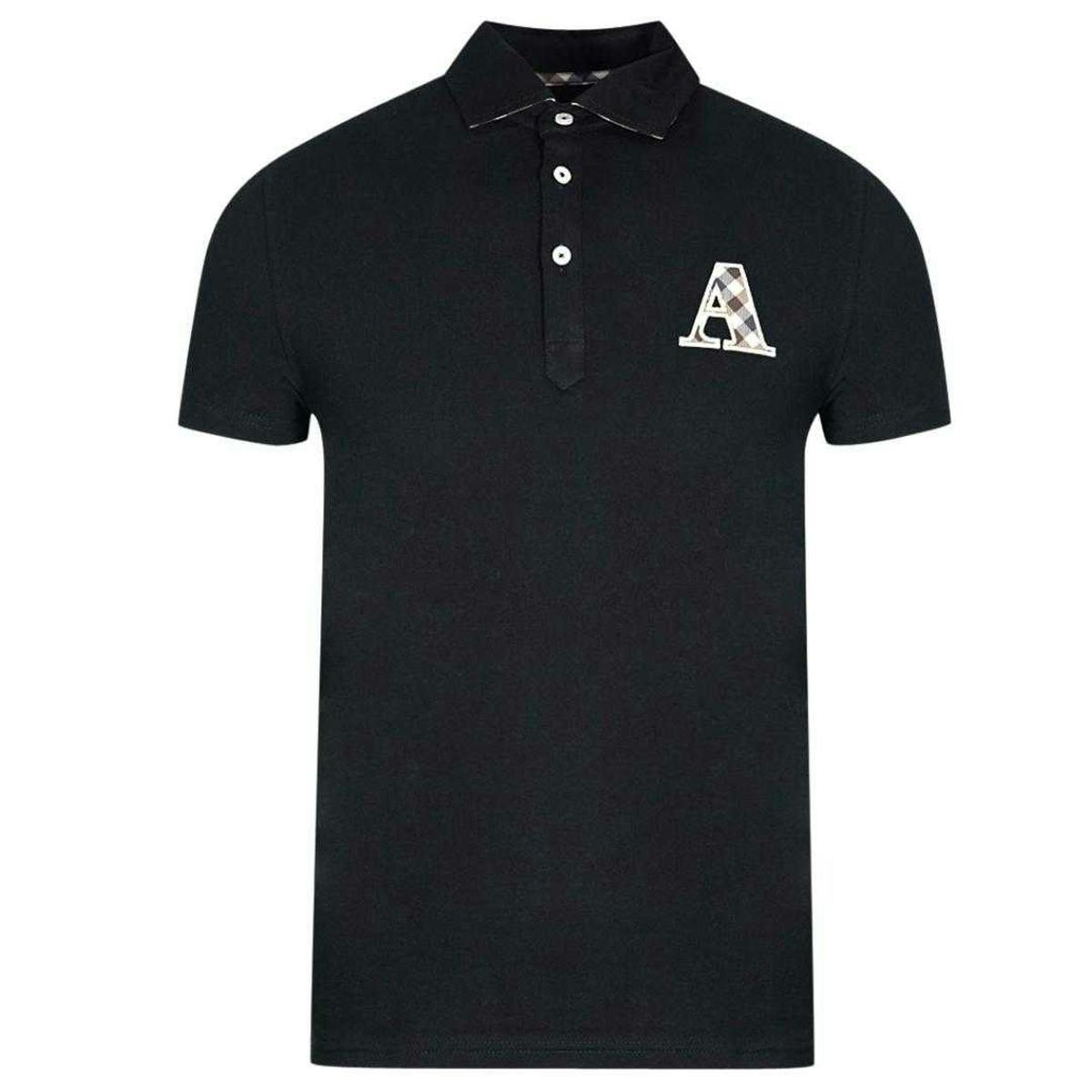 Aquascutum Men's Black Checked Logo Polo Shirt - S - 95% Cotton/5% Elastane