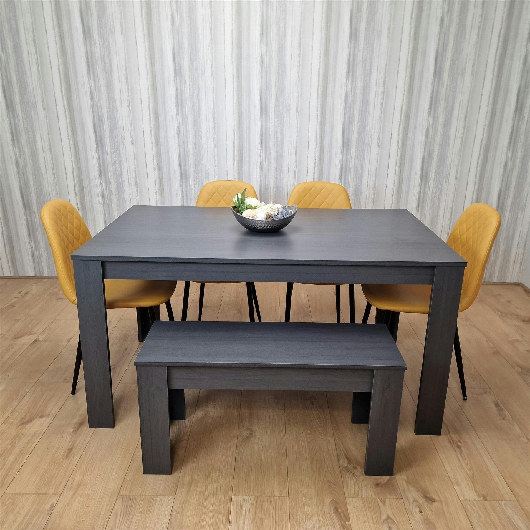 Portland Kosy Koala 6 Seater Faux Leather Gem Pattern Dining Bench Set Dark Grey And Mustard - Image 4