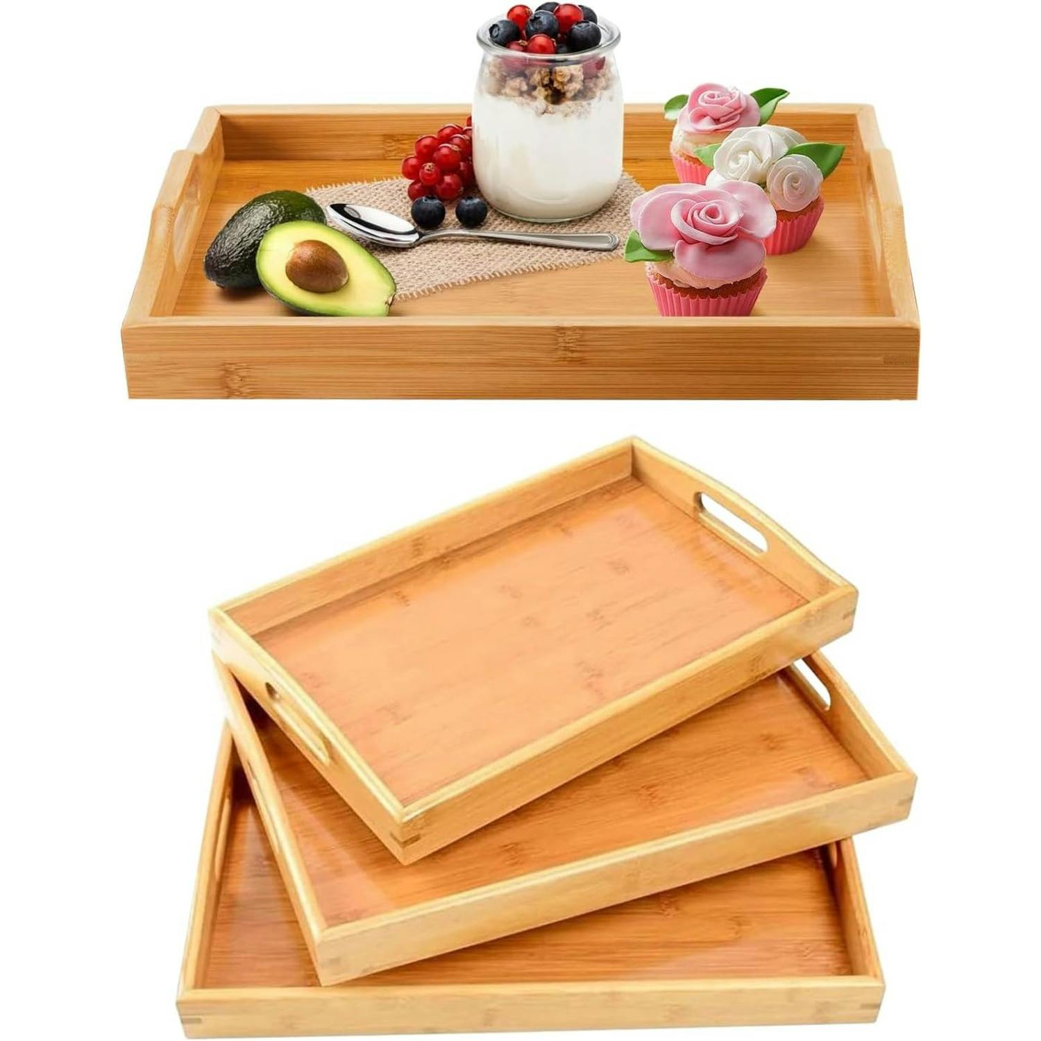 Rackhams Brown Bamboo Serving Trays With Handles Set Of 3 Wooden Platters Rectangular Wooden Breakfast Tray - Bamboo - Serving Tray