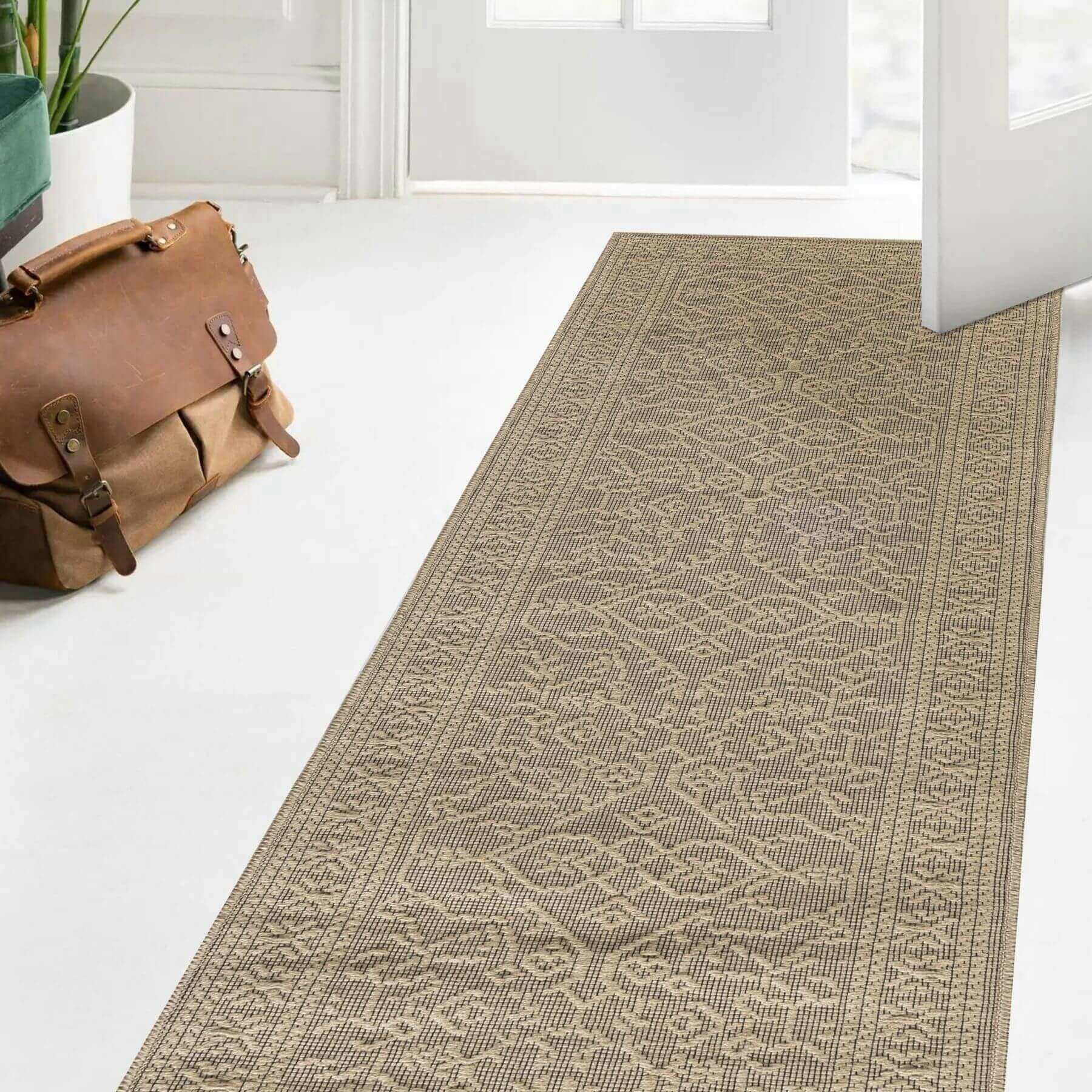 The Rugs Beige Vintage Border Jute Looking Washable Rug - 60X180 Cm