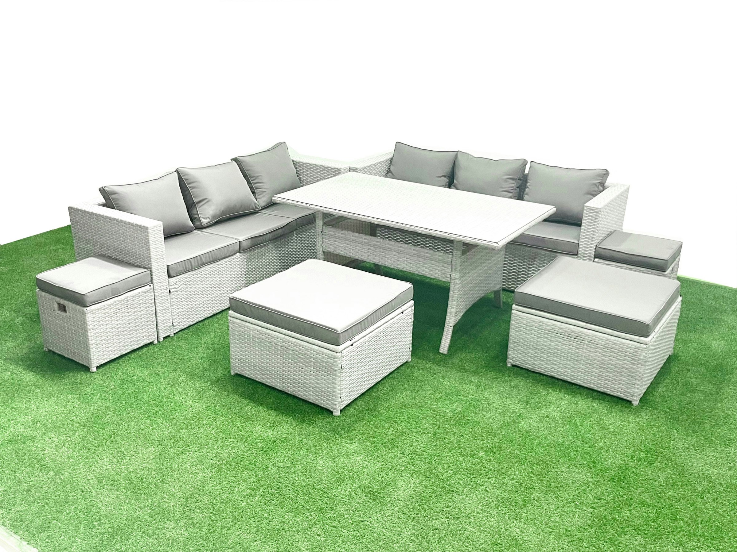 Fimous Light/Grey Rattan Garden Furniture Set Outdoor 10 Seater Patio Dining Sets With Glass Top Dining Table Mixed